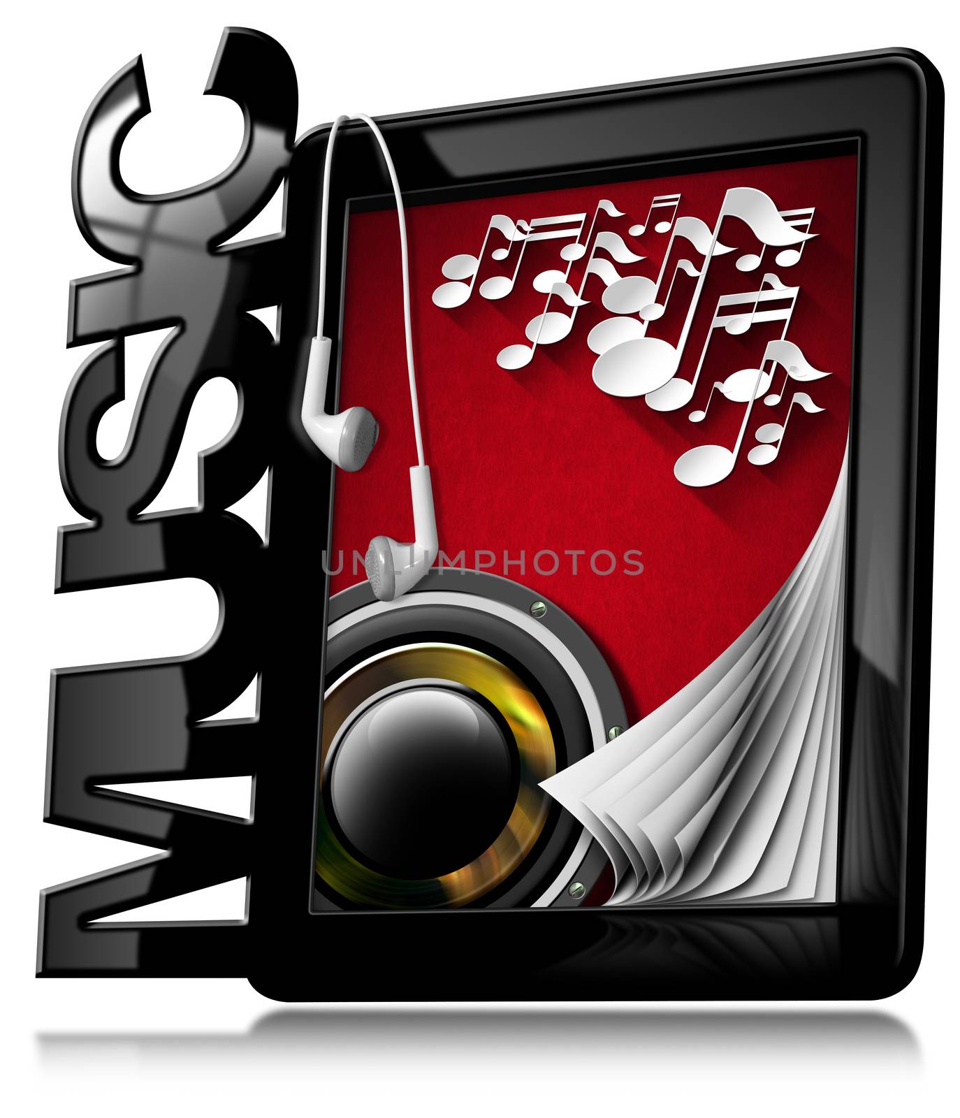 Black tablet computer with text Music, musical notes, woofer and earphones. Isolated on white background