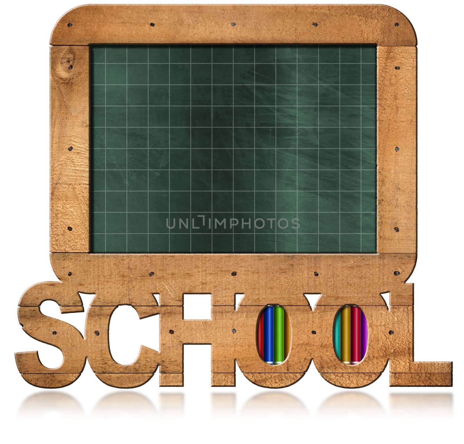 Old empty and green blackboard with wooden rectangular frame, text School, books and nails. Isolated on white background
