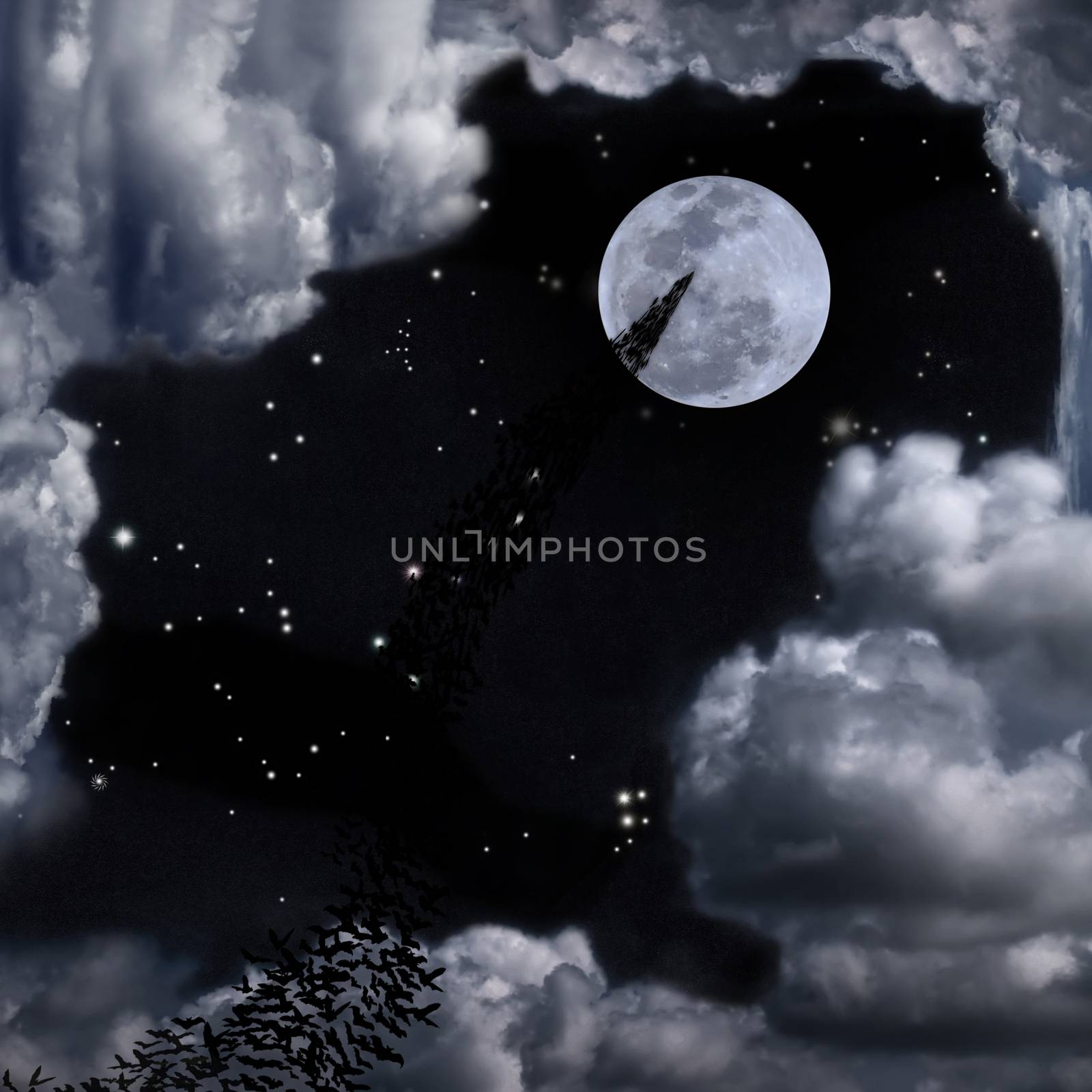 Bats flying again full moon, stars, some constellation and fantasy cloudy may use for horrible theme or halloween theme