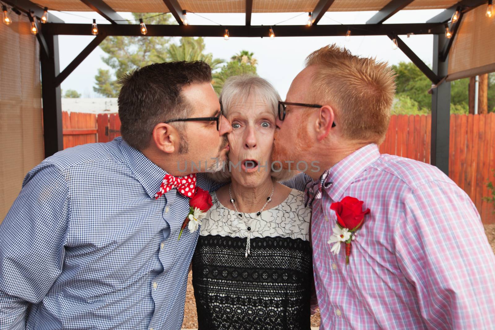 Blushing senior woman kissed by two handsome men