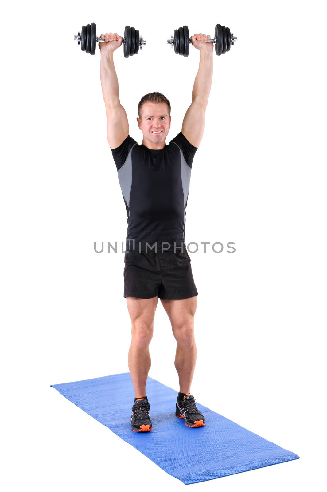young man shows finishing position of shoulder press by starush