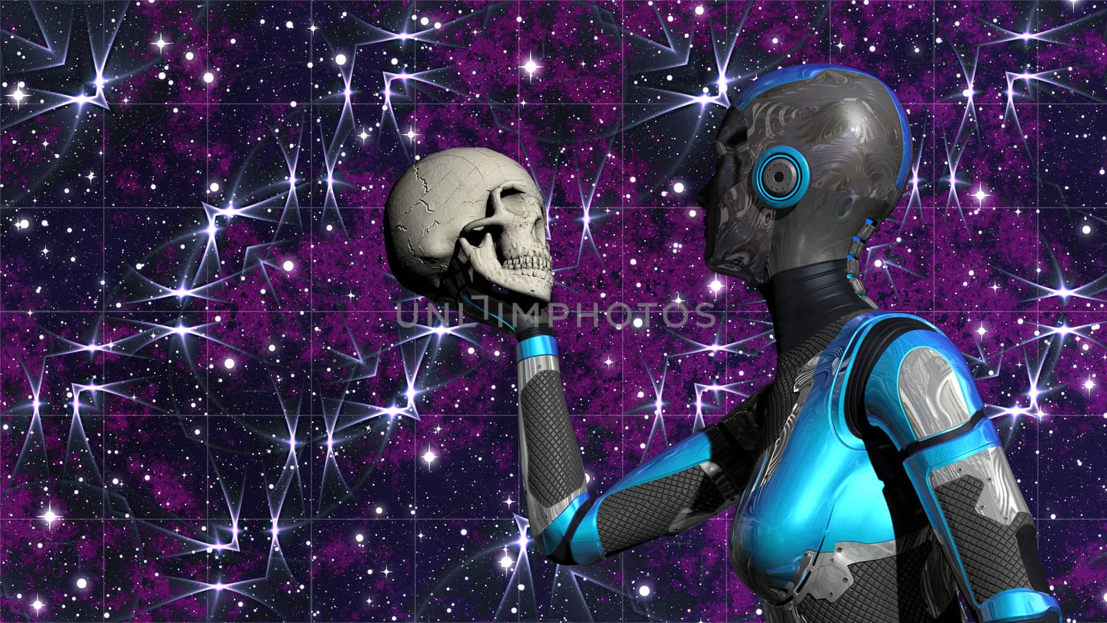 Illustration of futuristic Female Android in Deep Space holding human skull