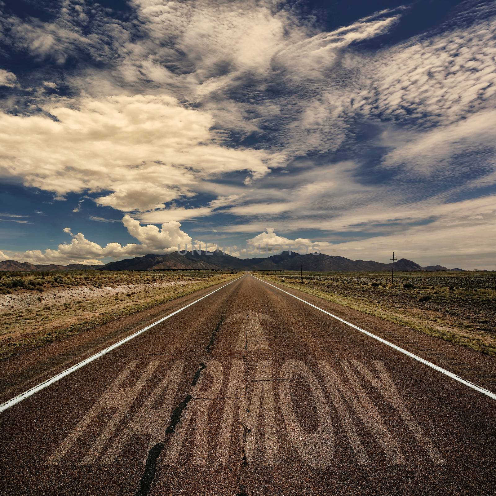 Conceptual image of desert road with the word harmony and arrow