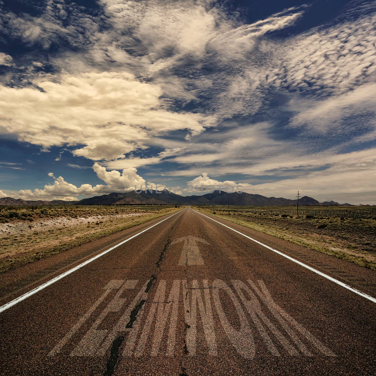 Conceptual image of desert road with the word teamwork and arrow