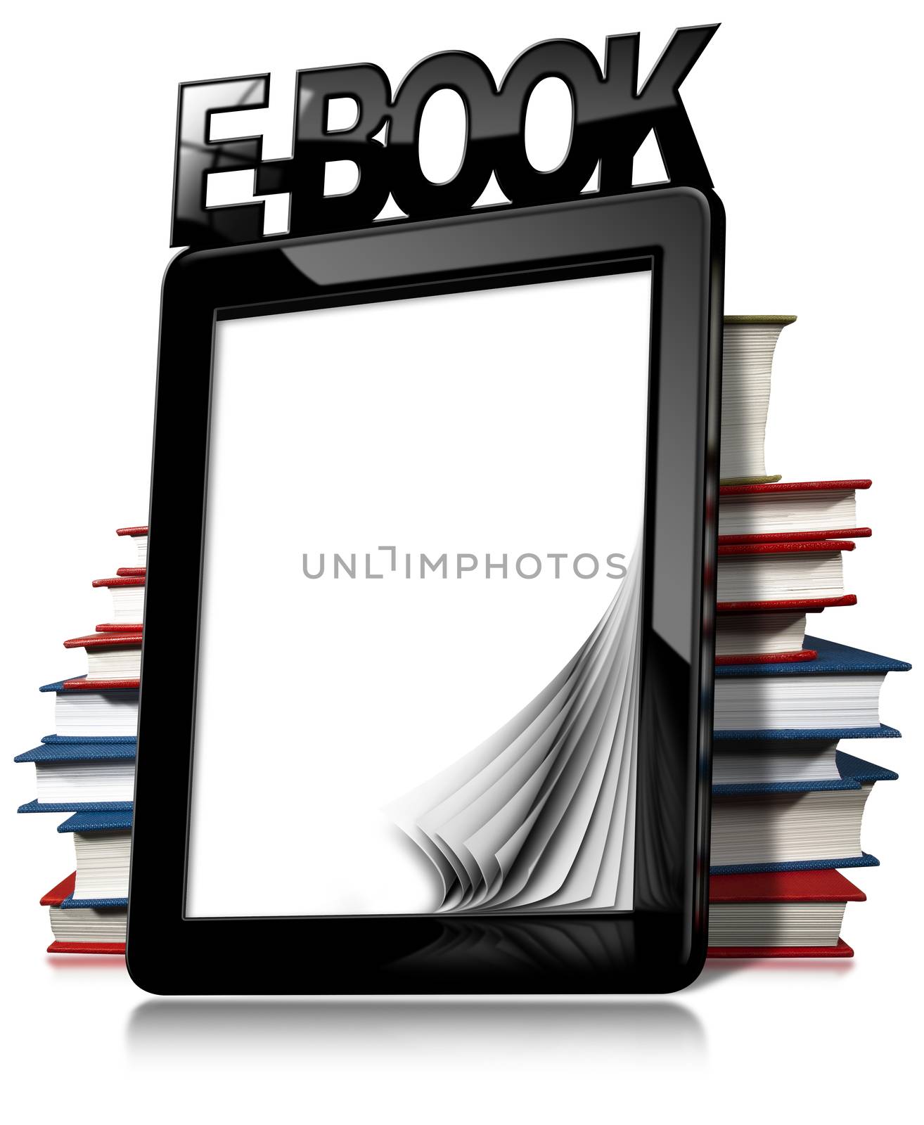 Black modern ebook reader with blank curled pages, text Ebook and a stack of books. Isolated on white background