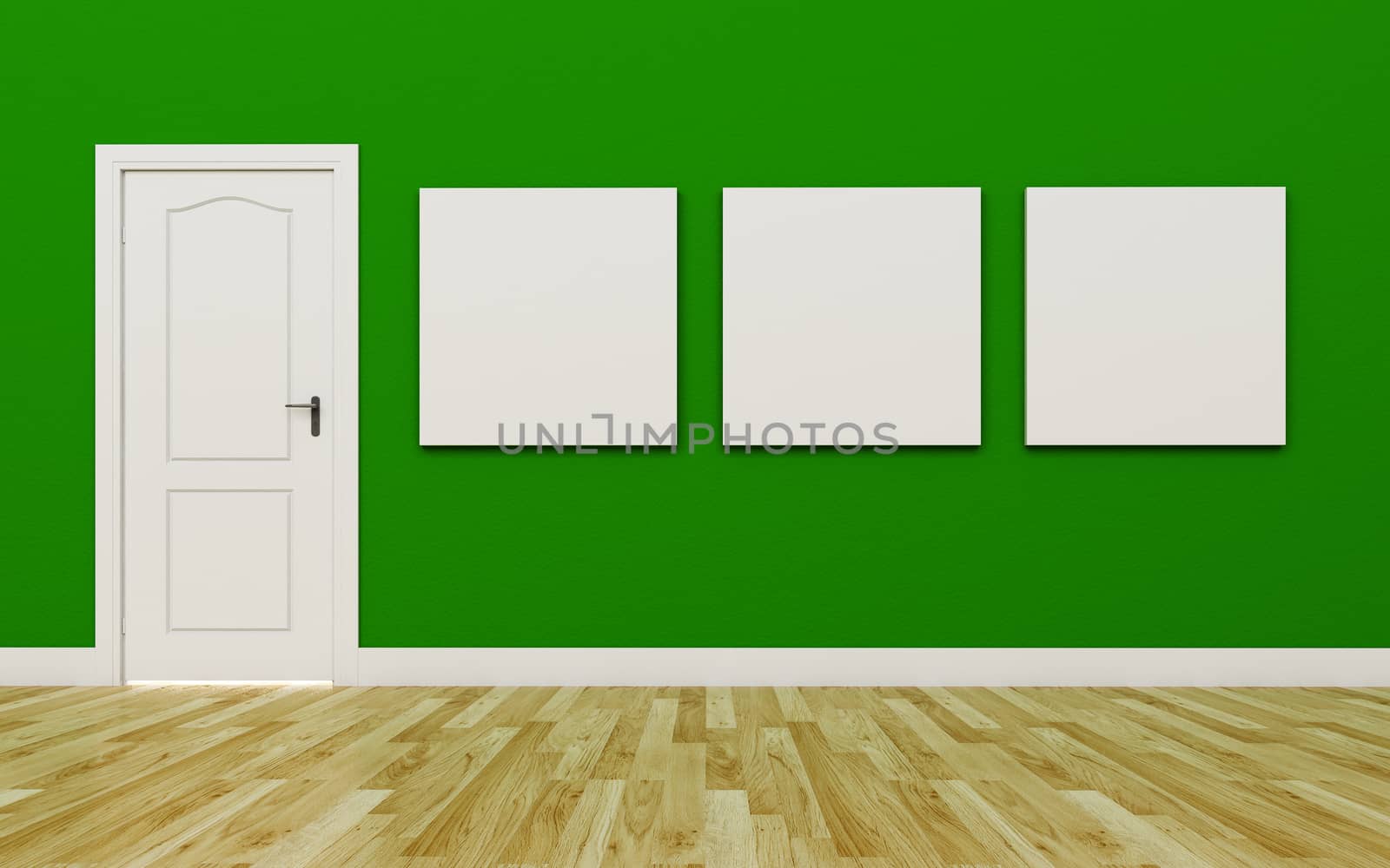 Closed White Door on Green Wall , three blank poster , Wood Floor