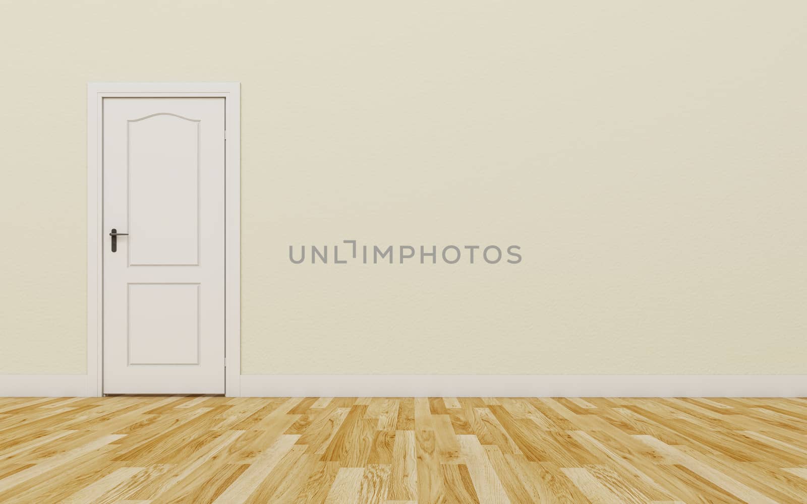Closed White Door on brown Wall, Wood Floor by teerawit
