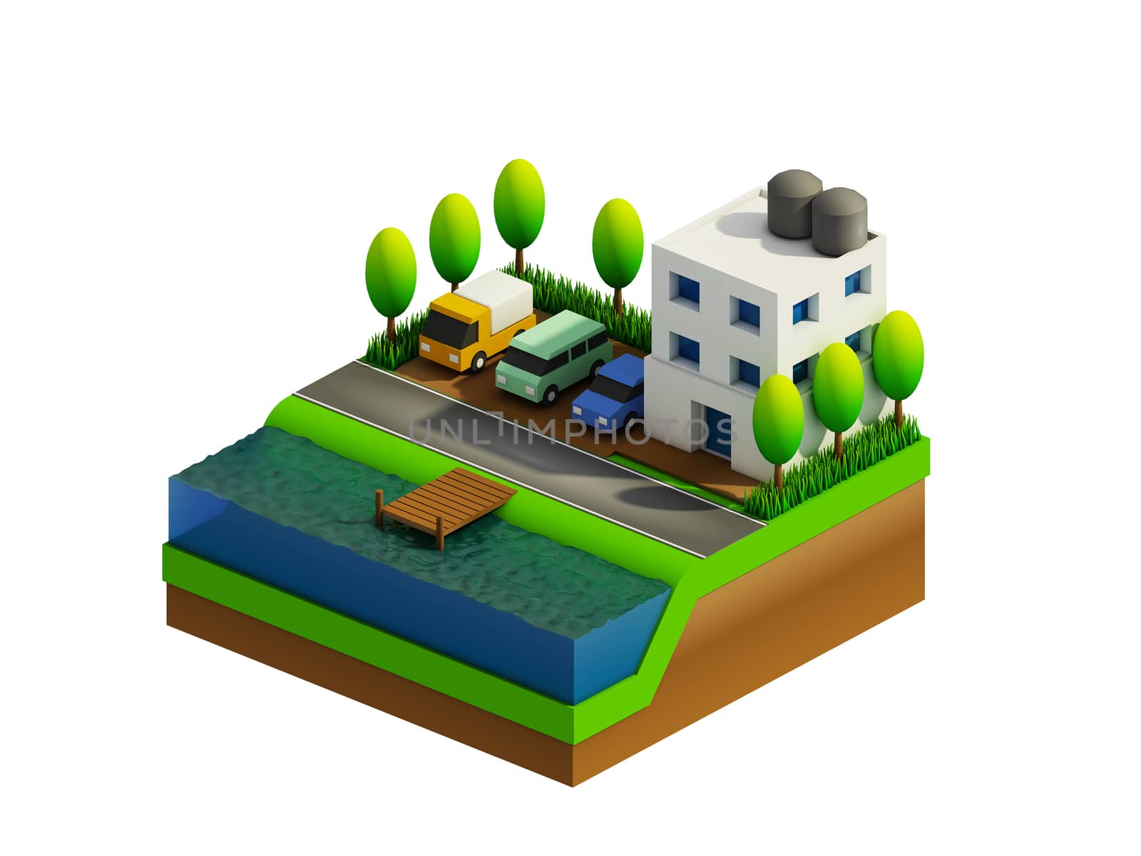 isometric city buildings, landscape, Road and river by teerawit