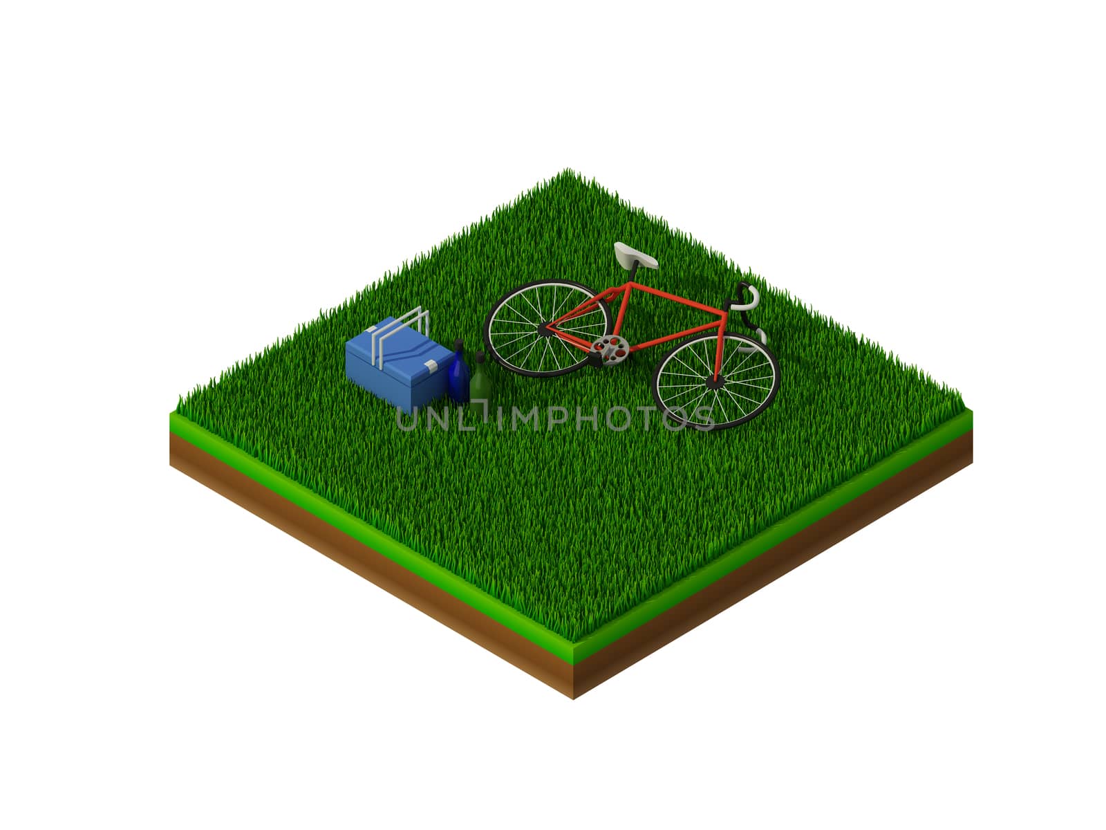 isometric red bicycle on green grass by teerawit