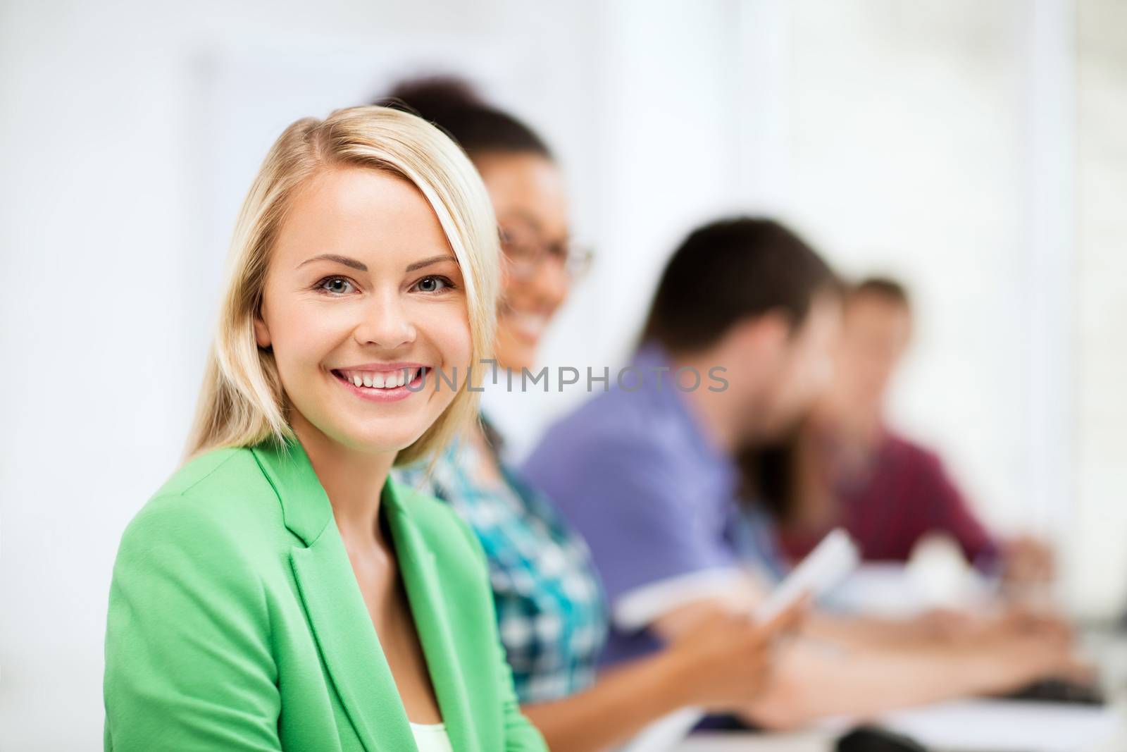 education, technology and internet - students with computers studying at school