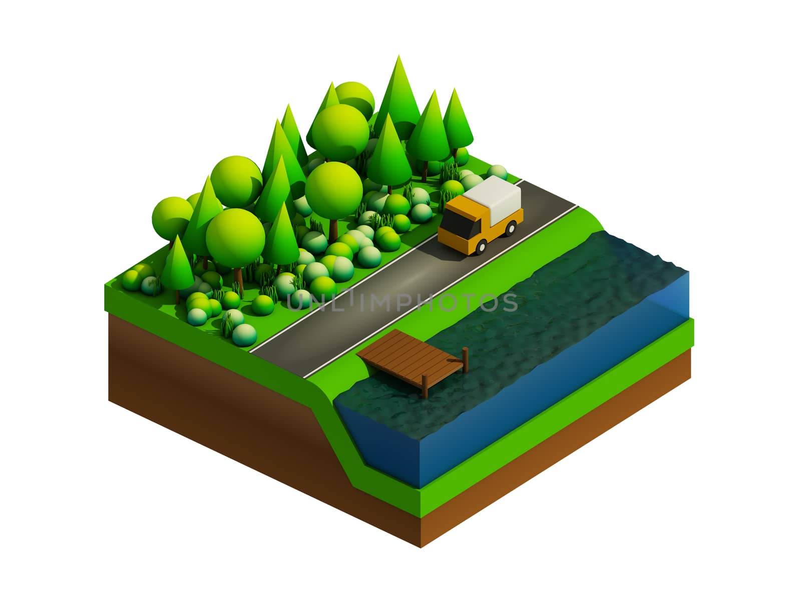 isometric city buildings, landscape, Road and river by teerawit