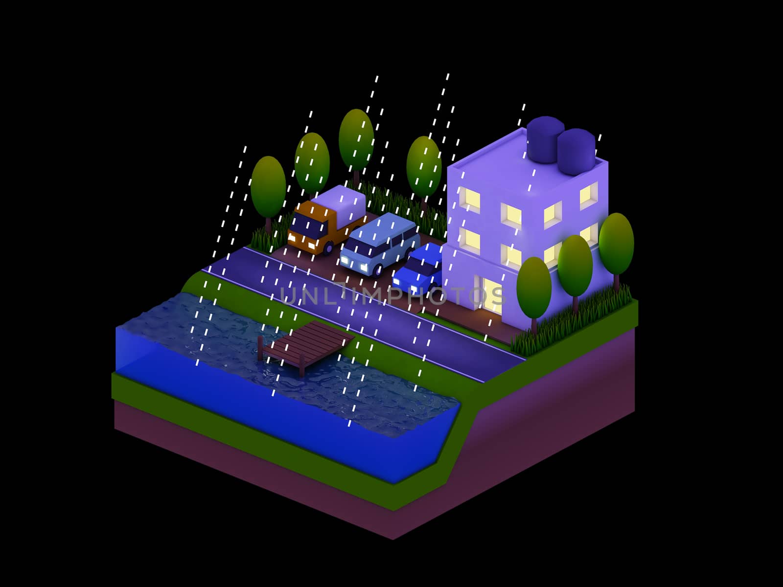  isometric city buildings, landscape, Road and river, night scen by teerawit