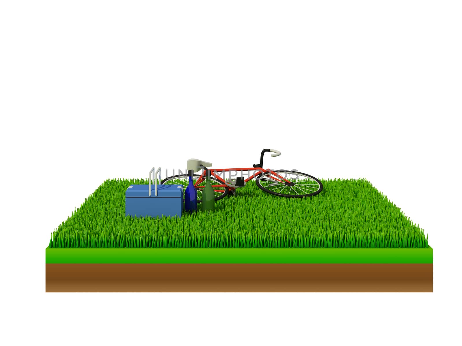 isometric red bicycle on green grass by teerawit