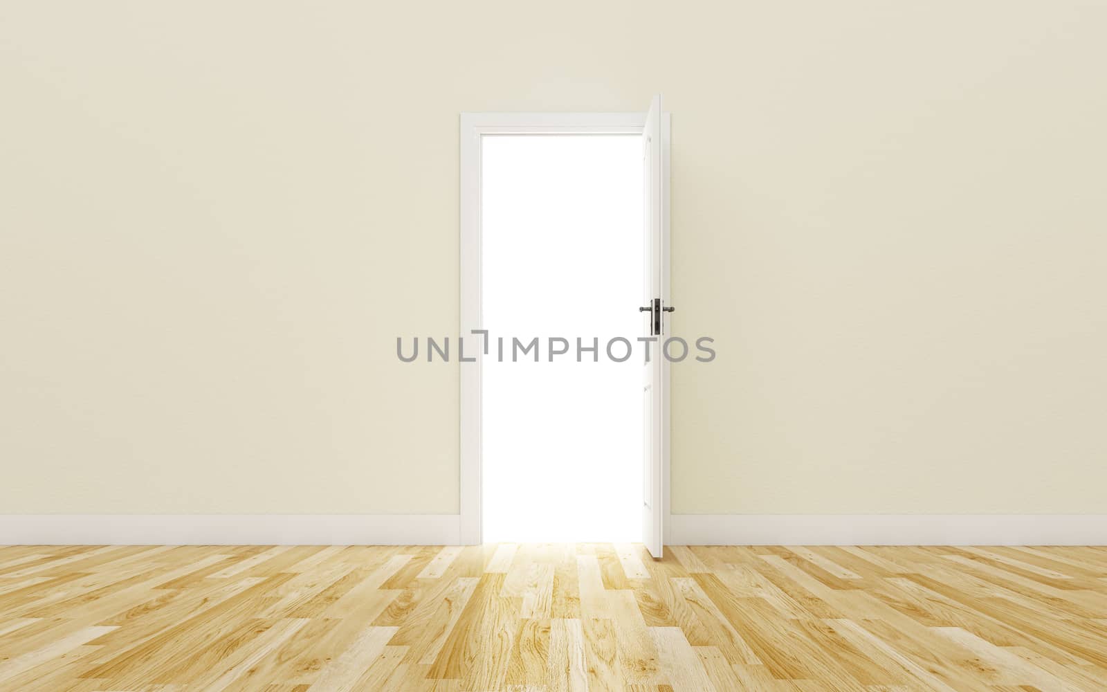 Opened White Door on brown Wall, Wood Floor by teerawit