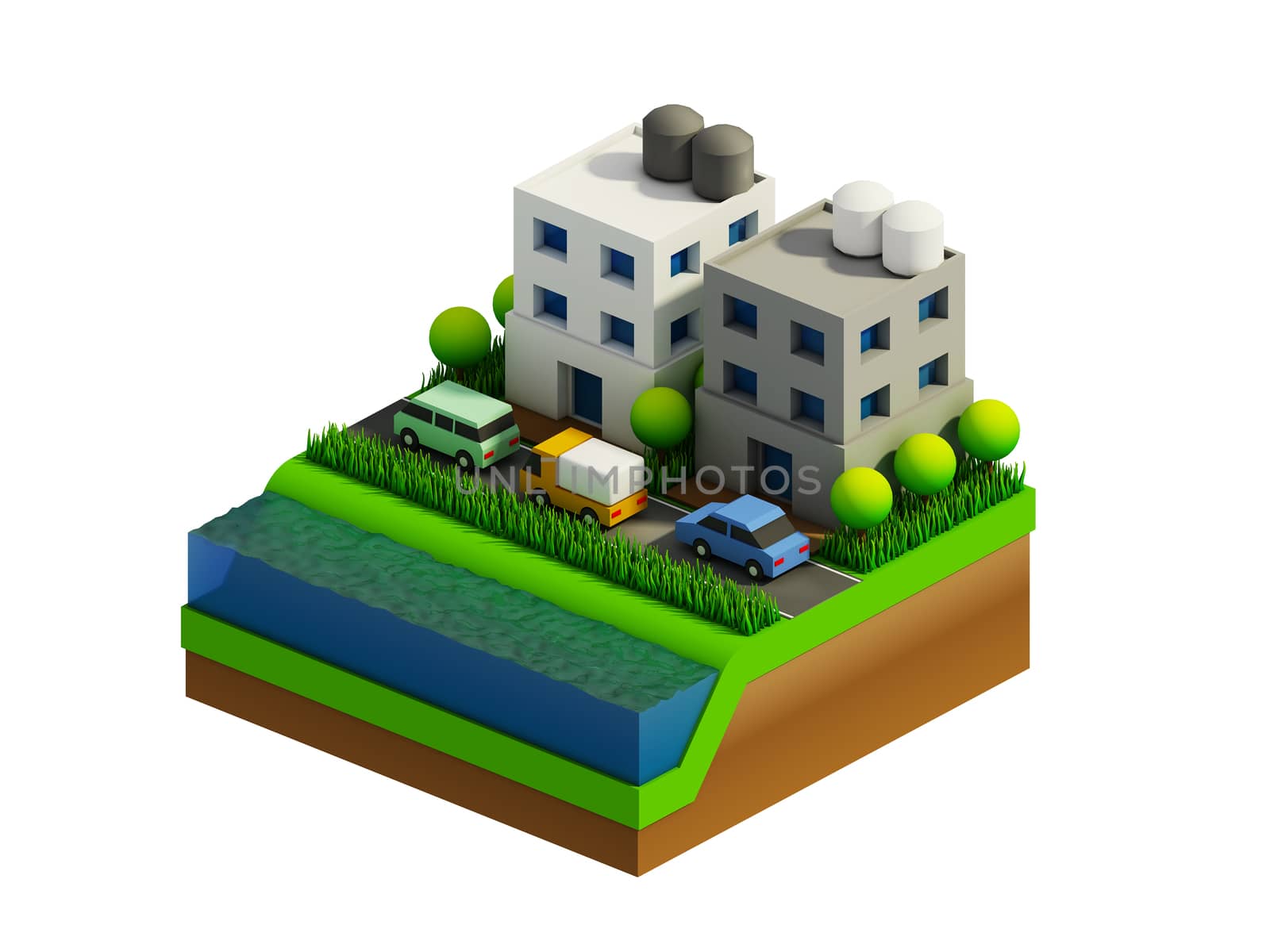  isometric city buildings, landscape, Road and river