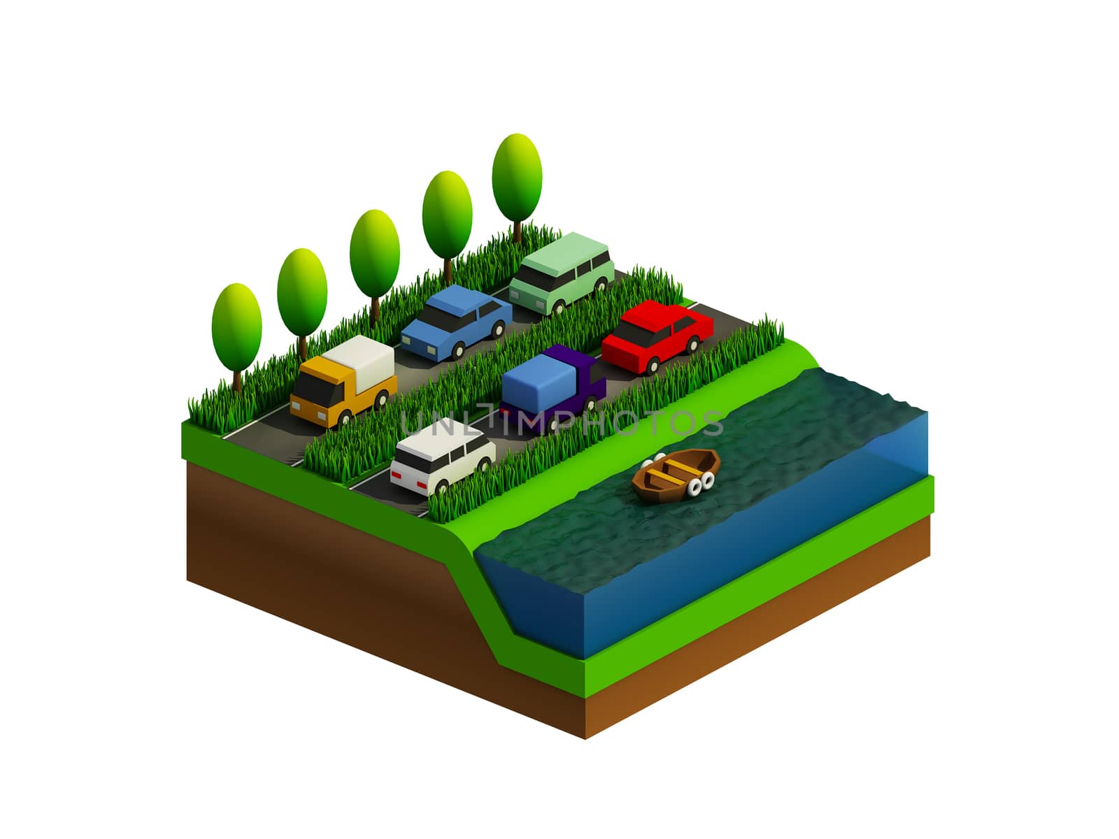  isometric city buildings, landscape, Road and river