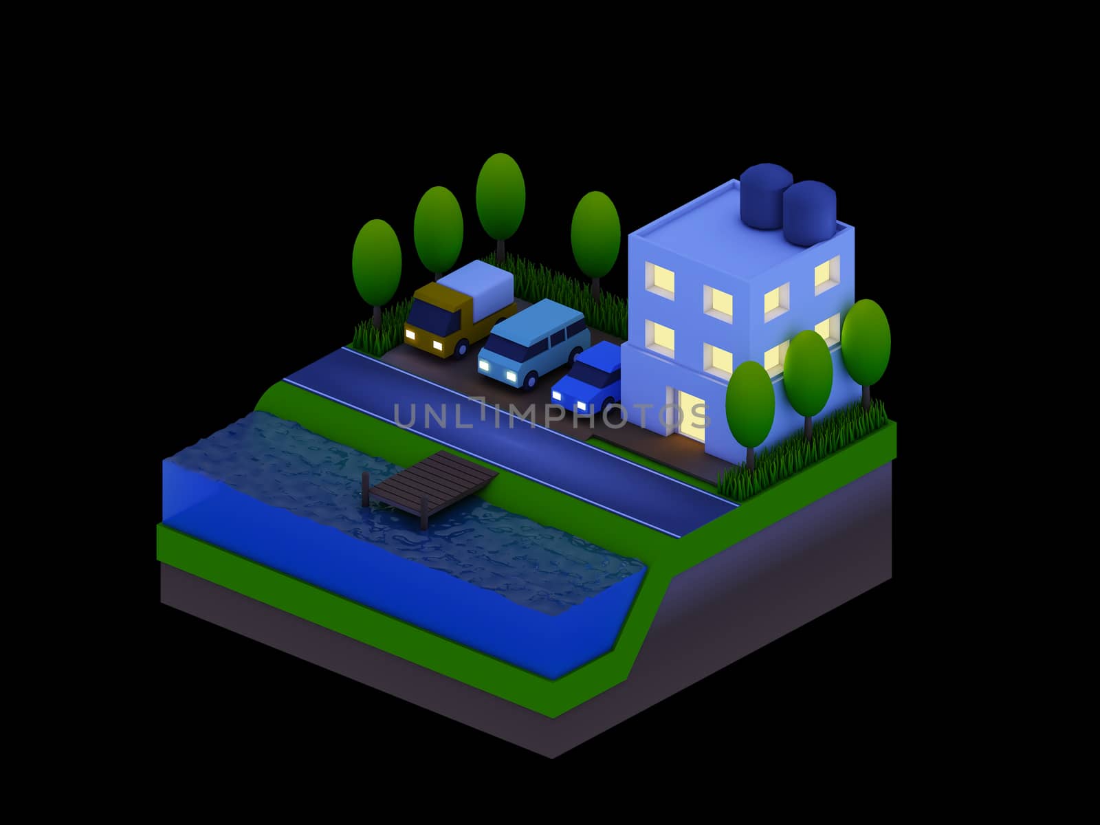  isometric city buildings, landscape, Road and river, night scen by teerawit