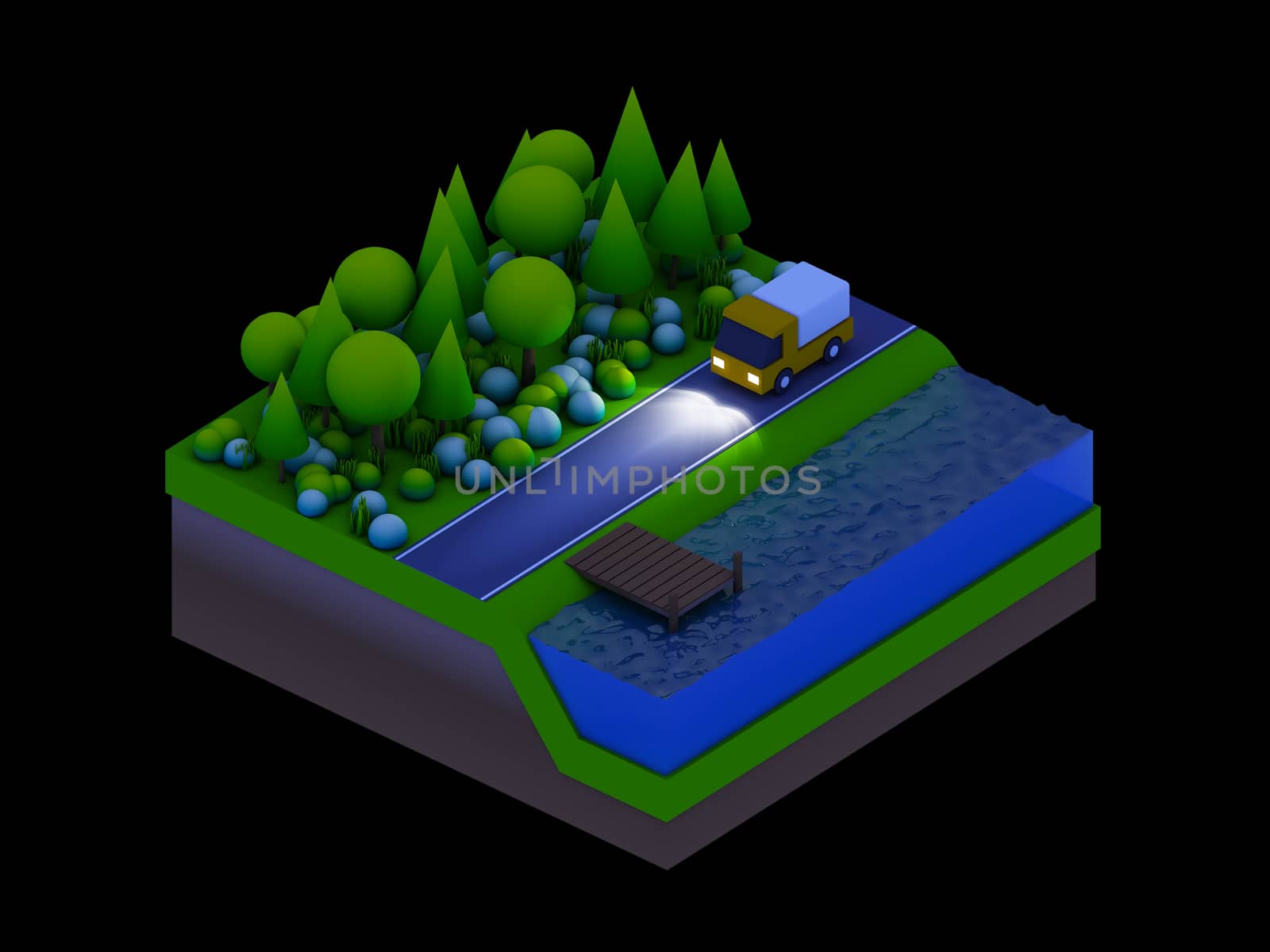  isometric city buildings, landscape, Road and river, night scen by teerawit