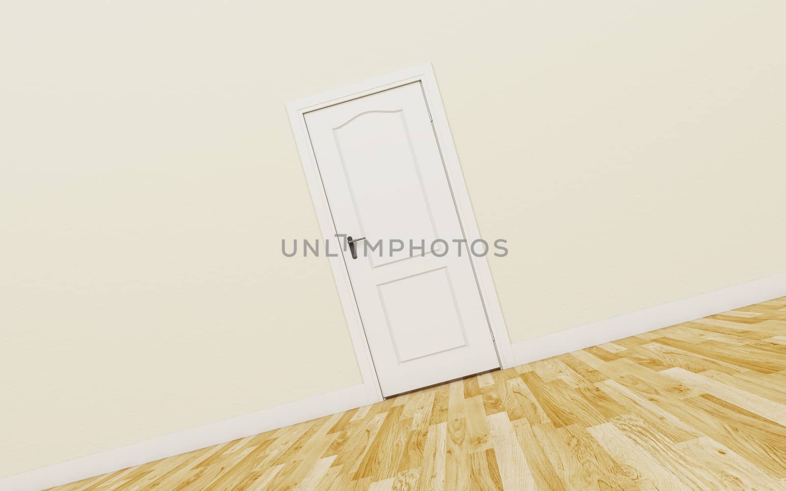 Closed White Door on brown Wall, Wood Floor