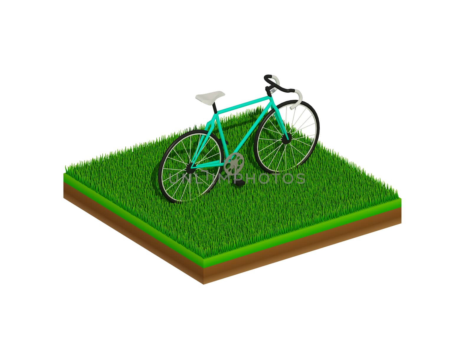 isometric red bicycle on green grass