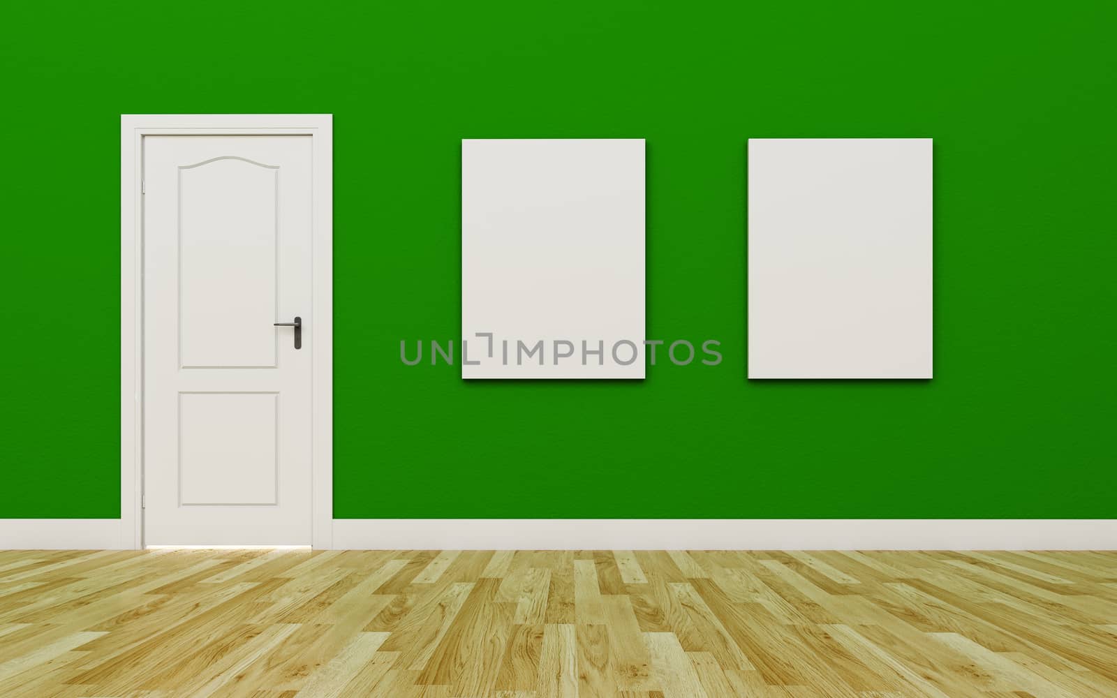 Closed White Door on Green Wall , two blank poster , Wood Floor by teerawit