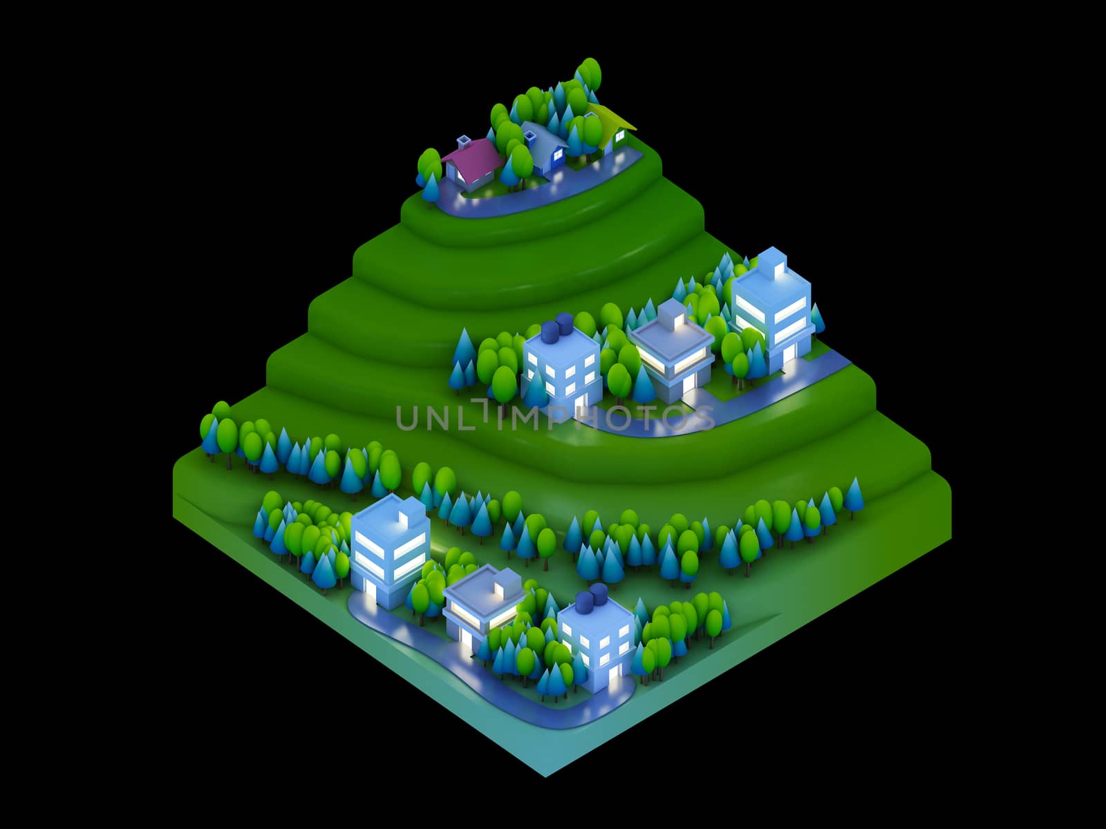  isometric city buildings, landscape, Road and river, night scene