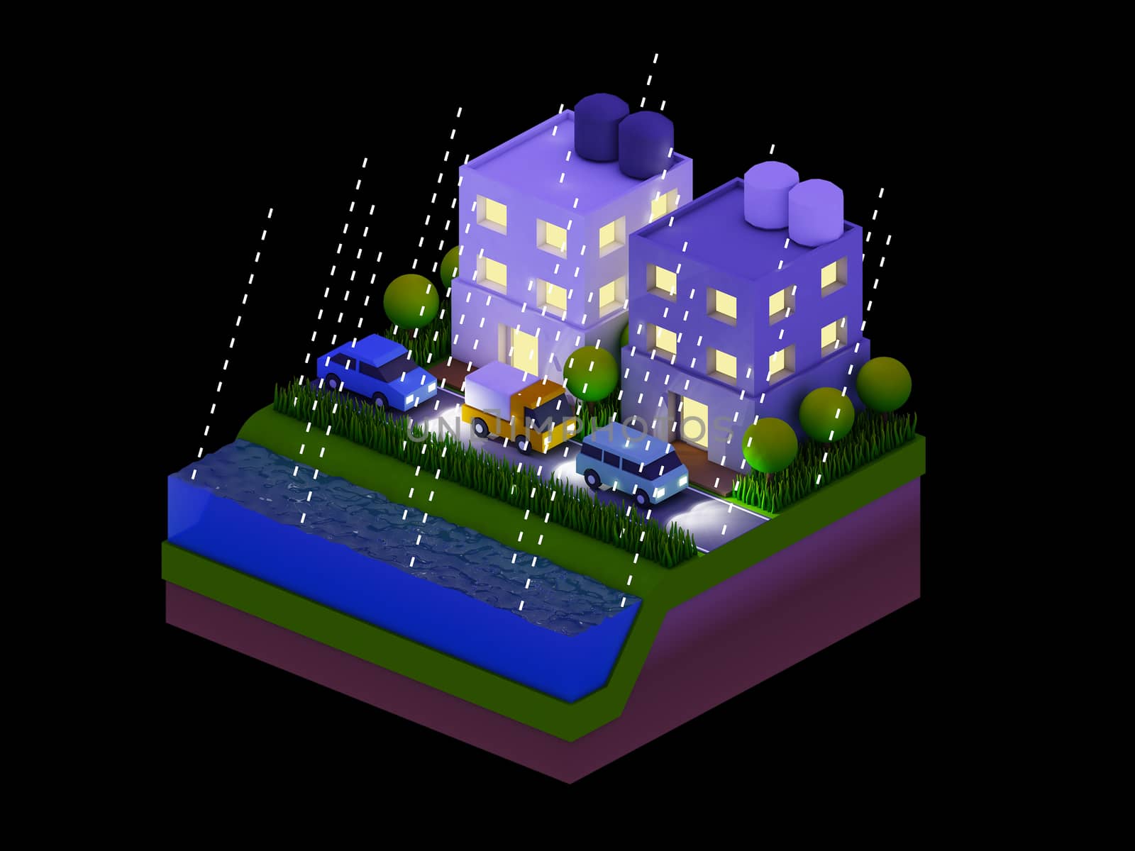  isometric city buildings, landscape, Road and river, night scen by teerawit