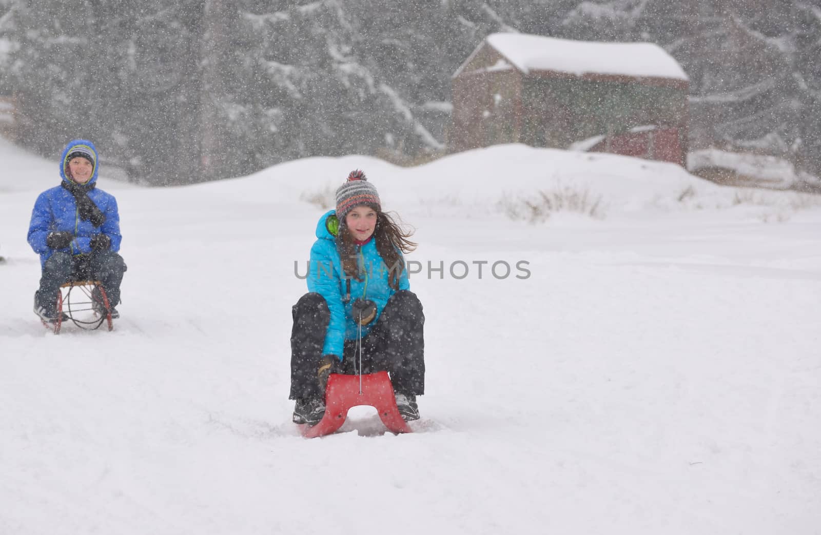 Kids sliding on sledge in the snow