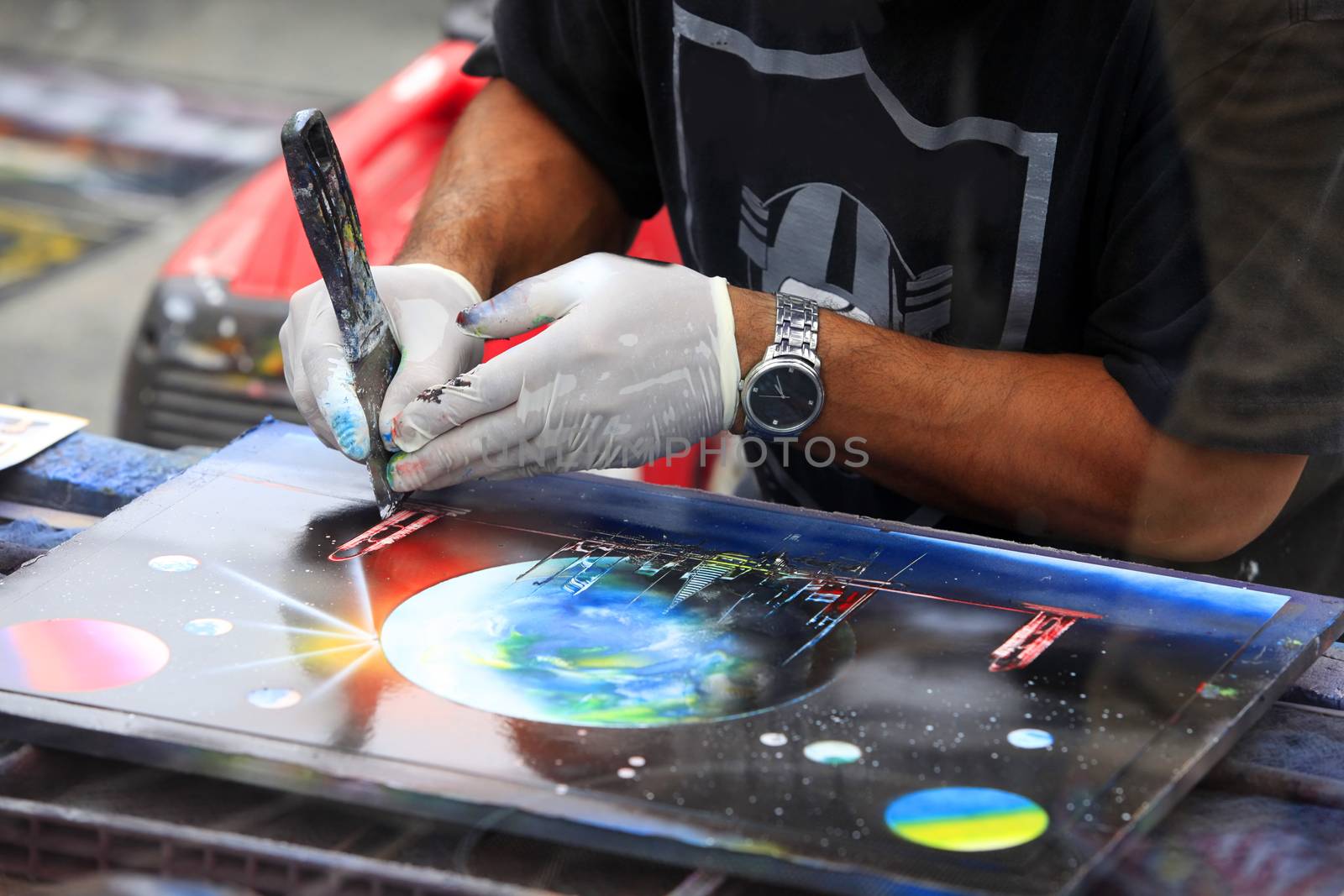 The artist draws a picture in the street San Francisco