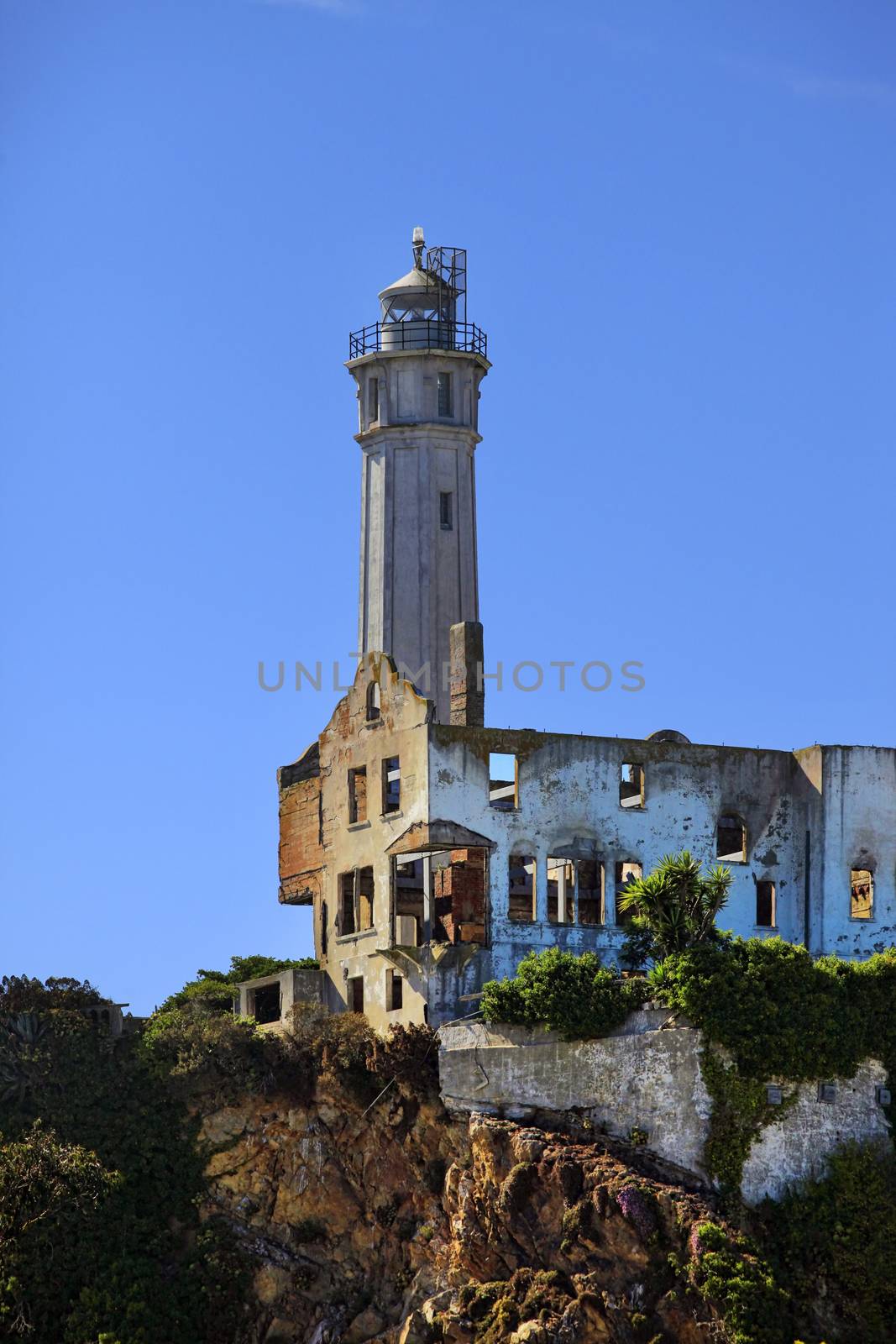 The working Lighthouse positioned on Alcatraz Island in San Francisco Bay