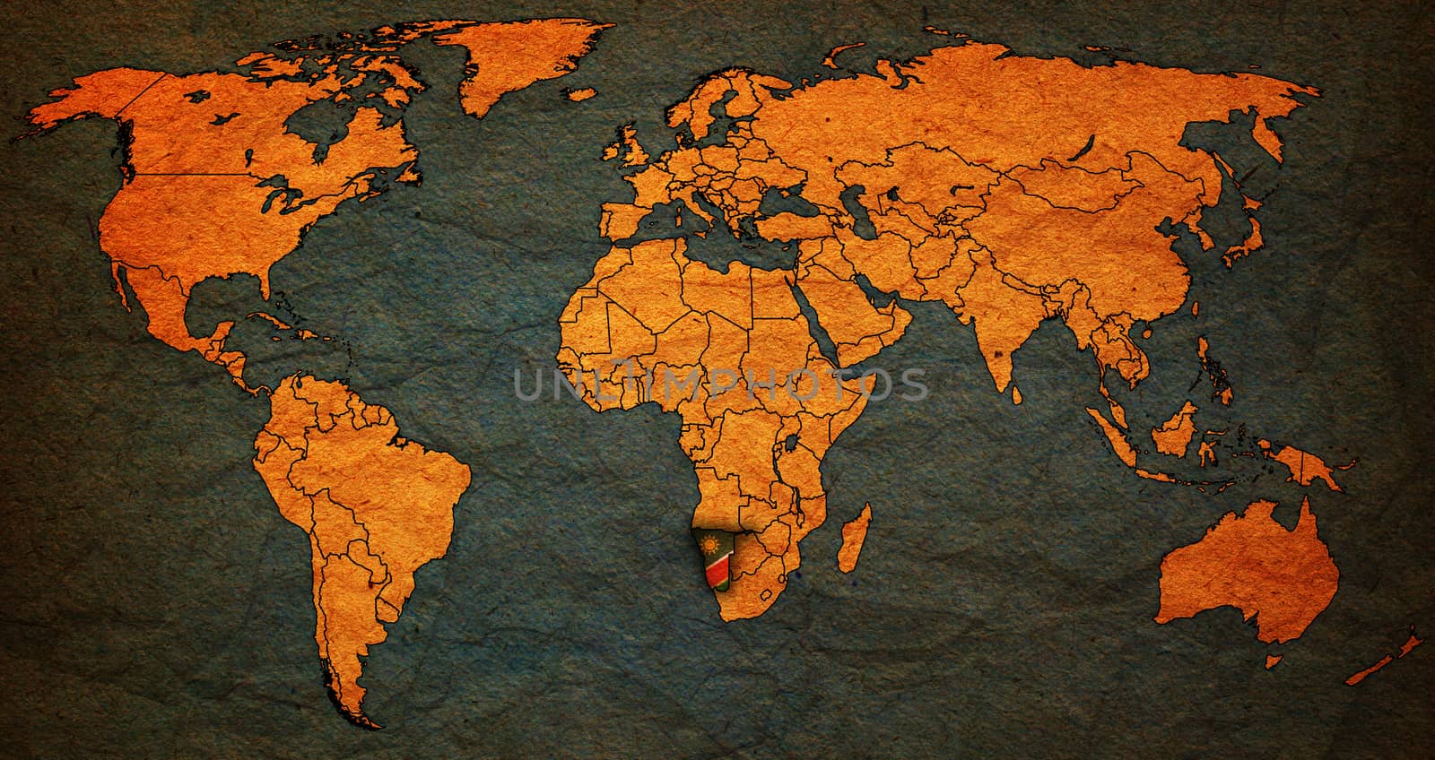 namibia flag on old vintage world map with national borders