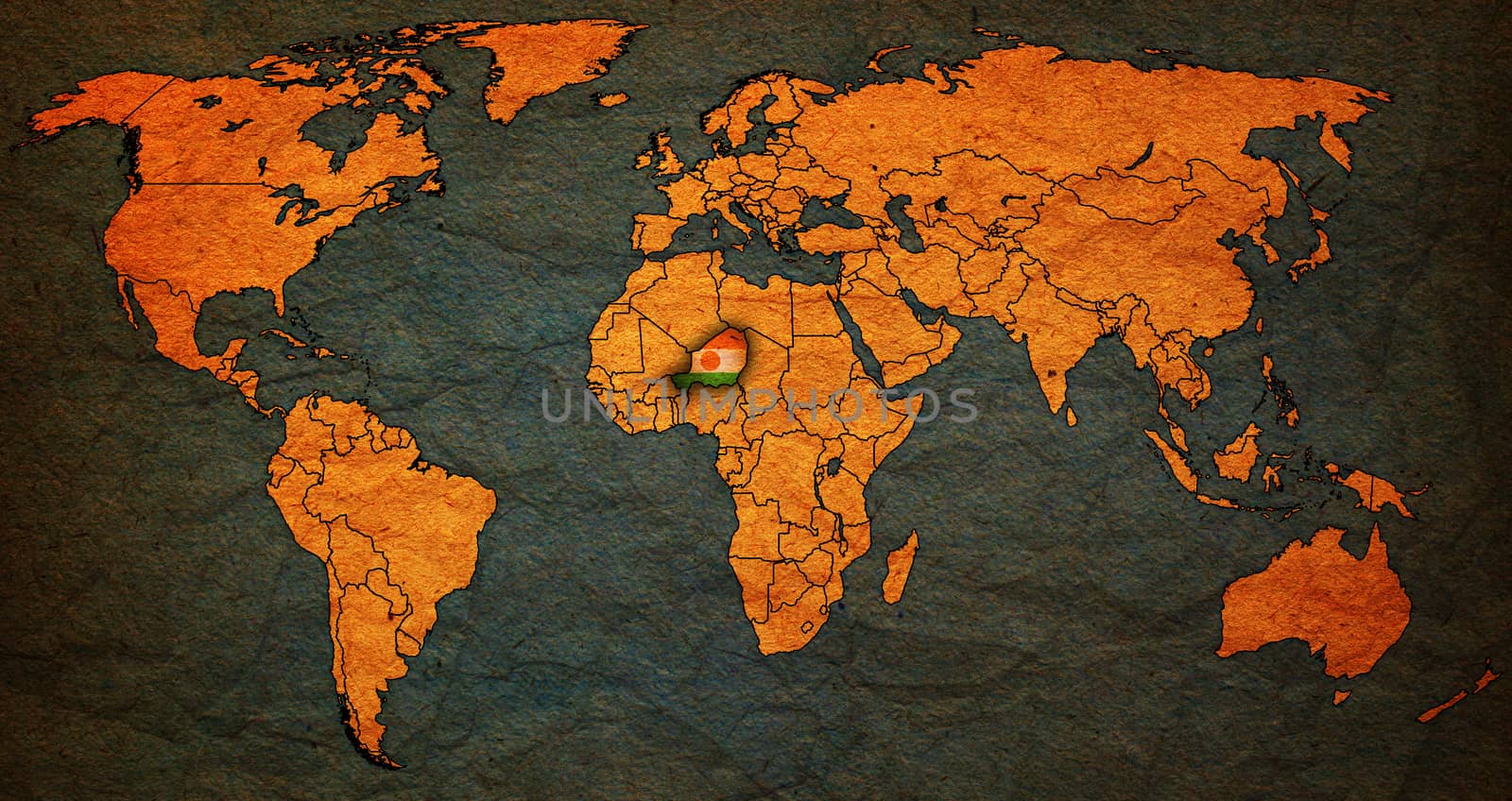 niger flag on old vintage world map with national borders