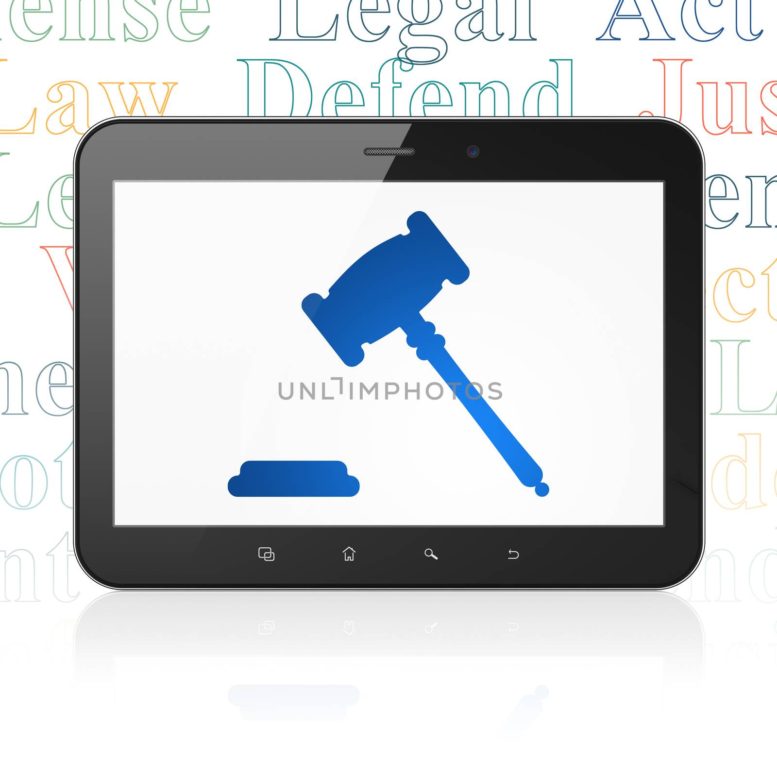 Law concept: Tablet Computer with  blue Gavel icon on display,  Tag Cloud background