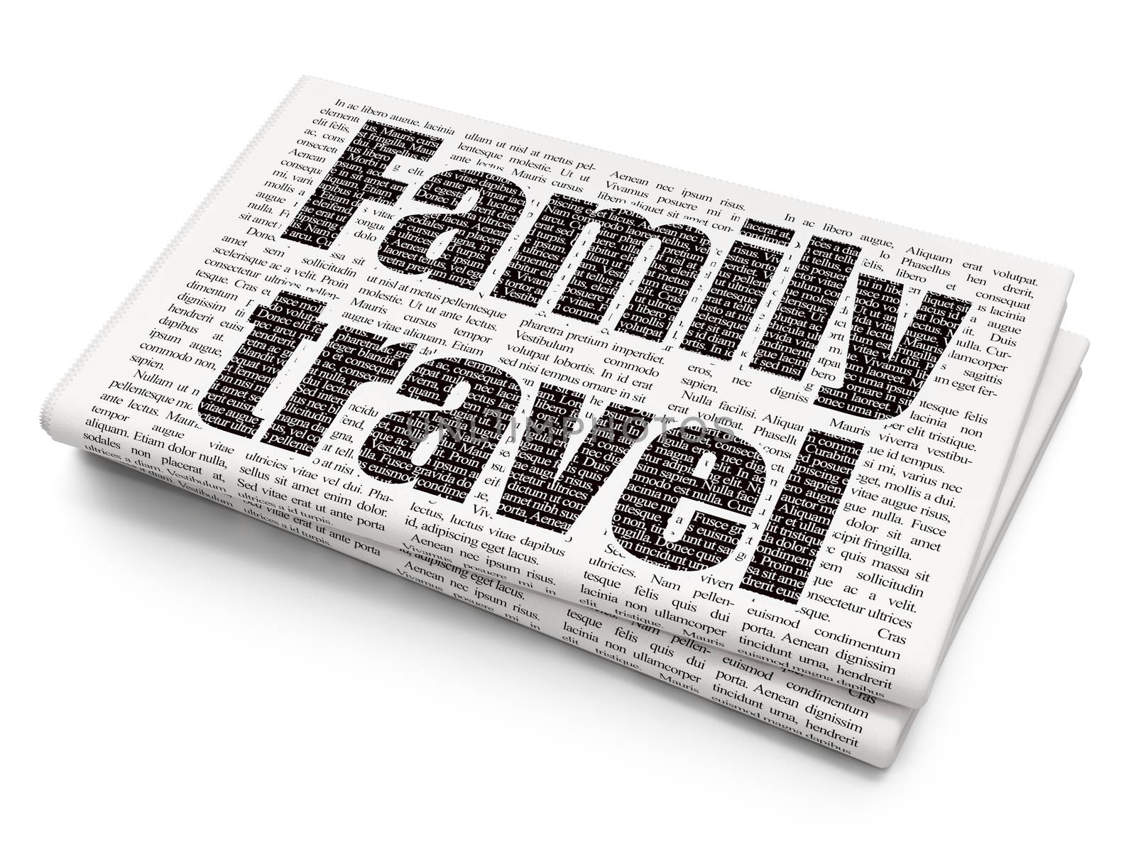 Tourism concept: Pixelated black text Family Travel on Newspaper background