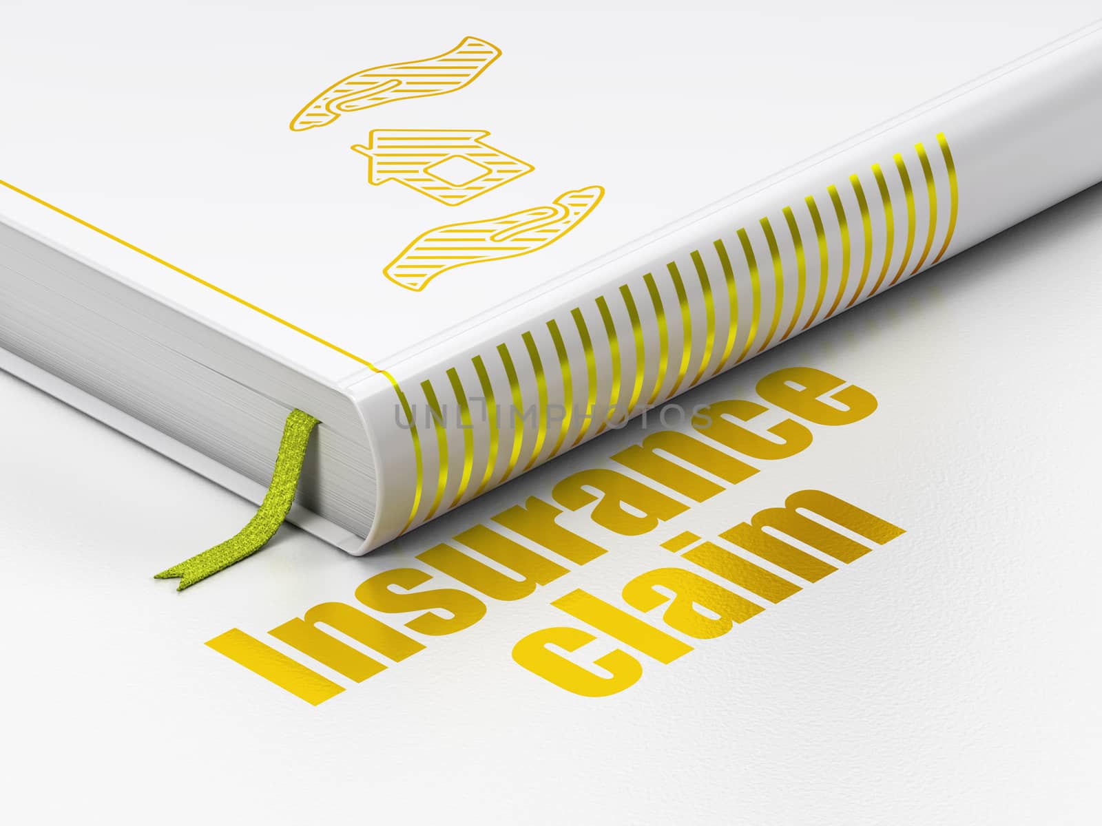 Insurance concept: closed book with Gold House And Palm icon and text Insurance Claim on floor, white background, 3d render
