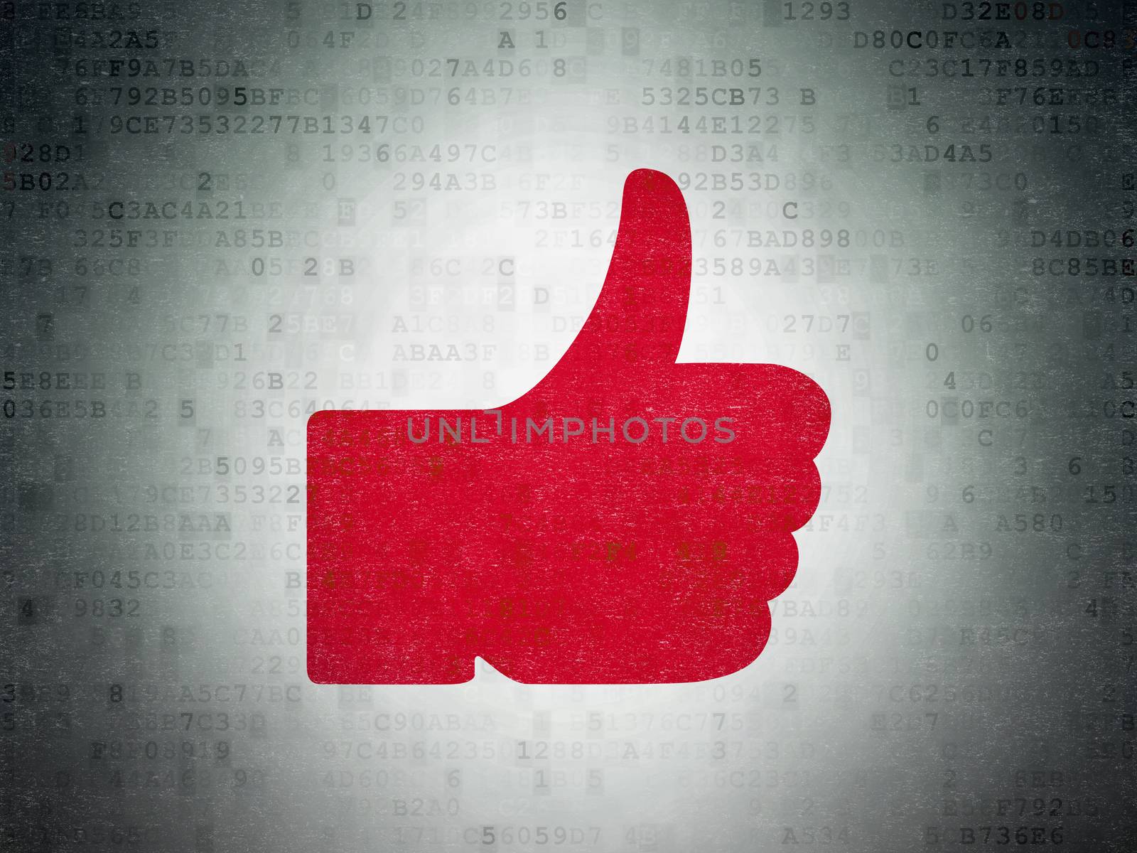 Social network concept: Painted red Thumb Up icon on Digital Paper background