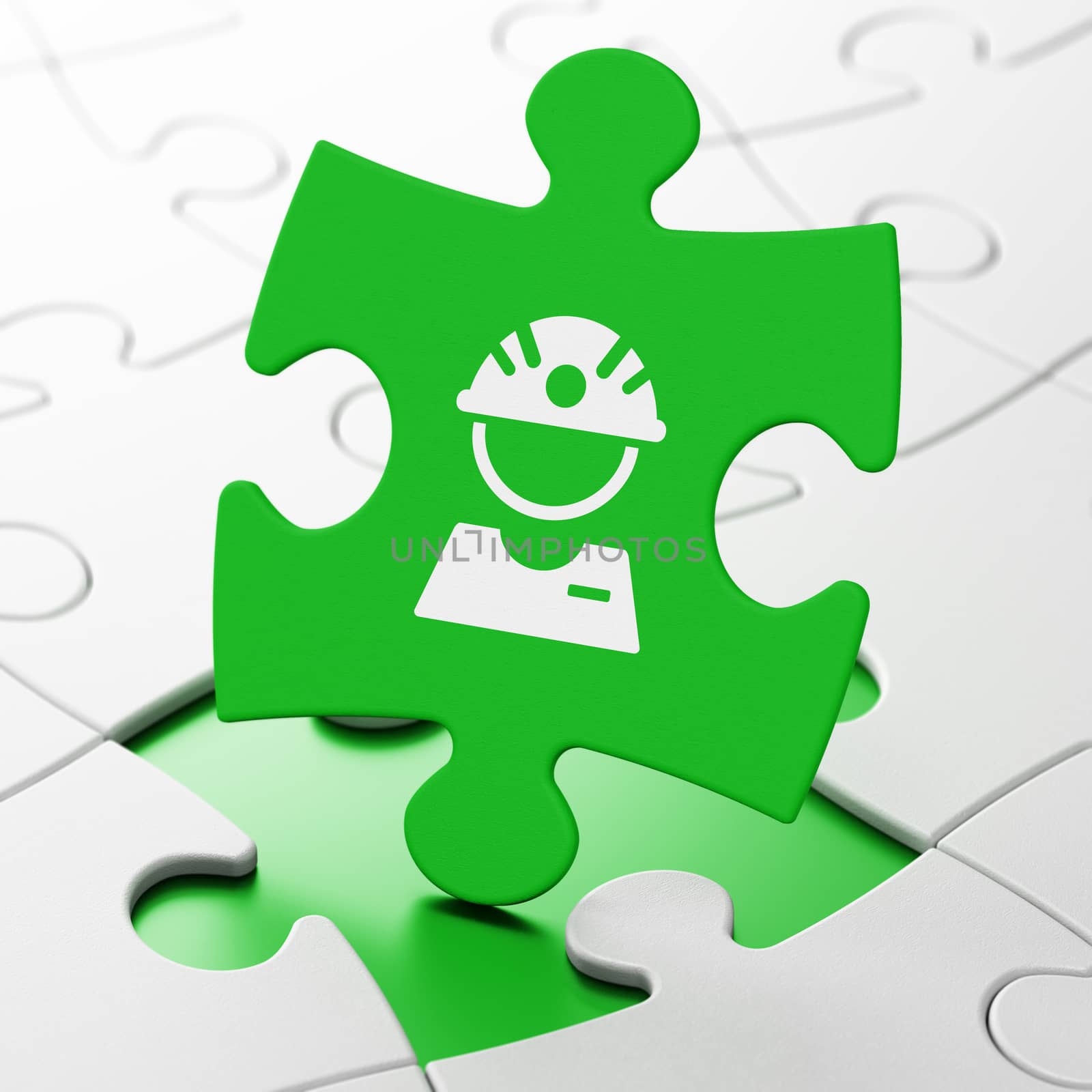 Manufacuring concept: Factory Worker on Green puzzle pieces background, 3d render