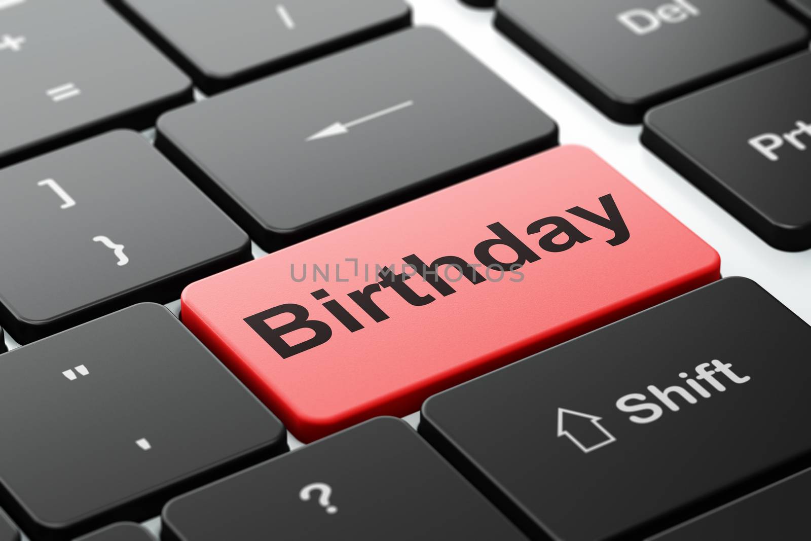 Holiday concept: computer keyboard with word Birthday, selected focus on enter button background, 3d render