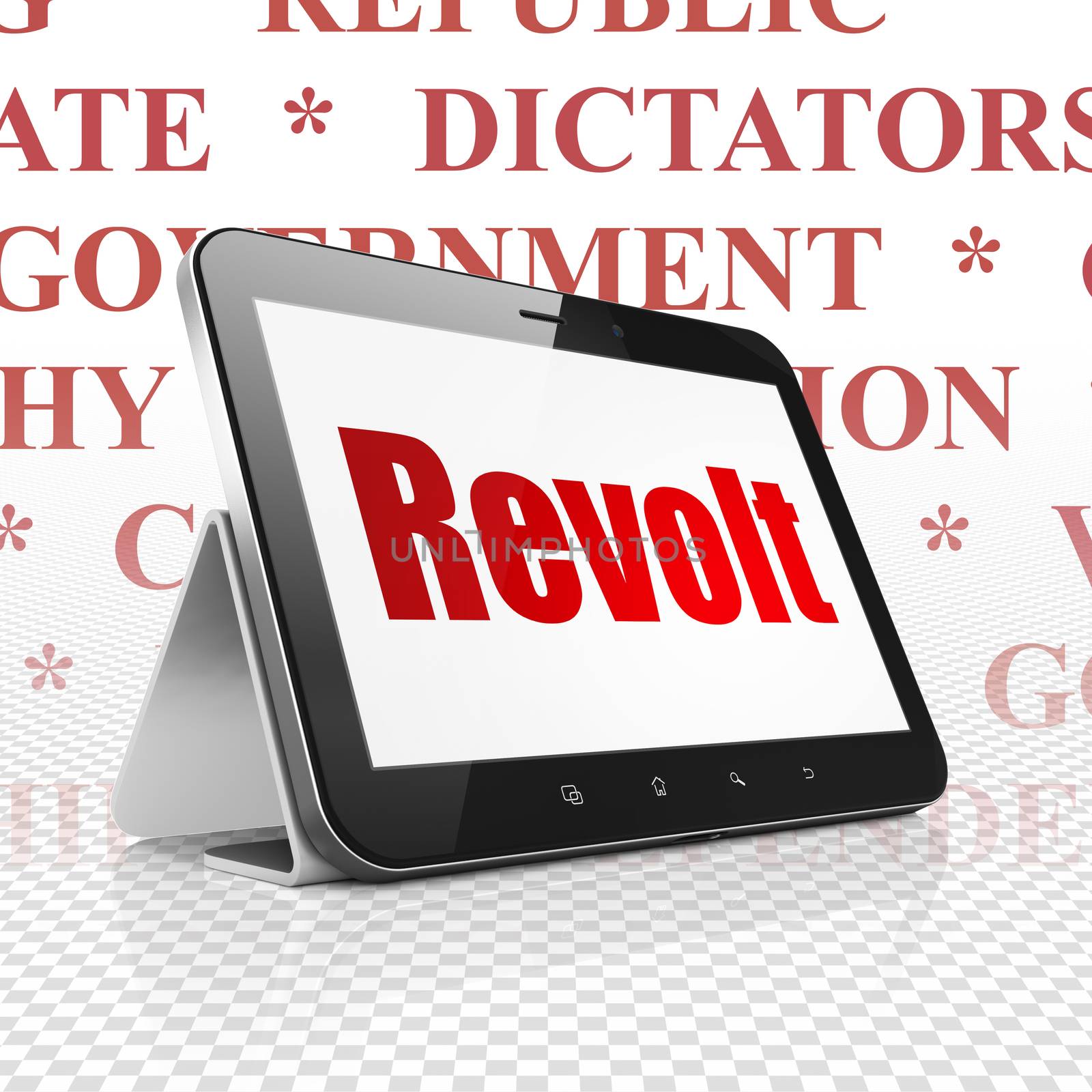 Political concept: Tablet Computer with  red text Revolt on display,  Tag Cloud background