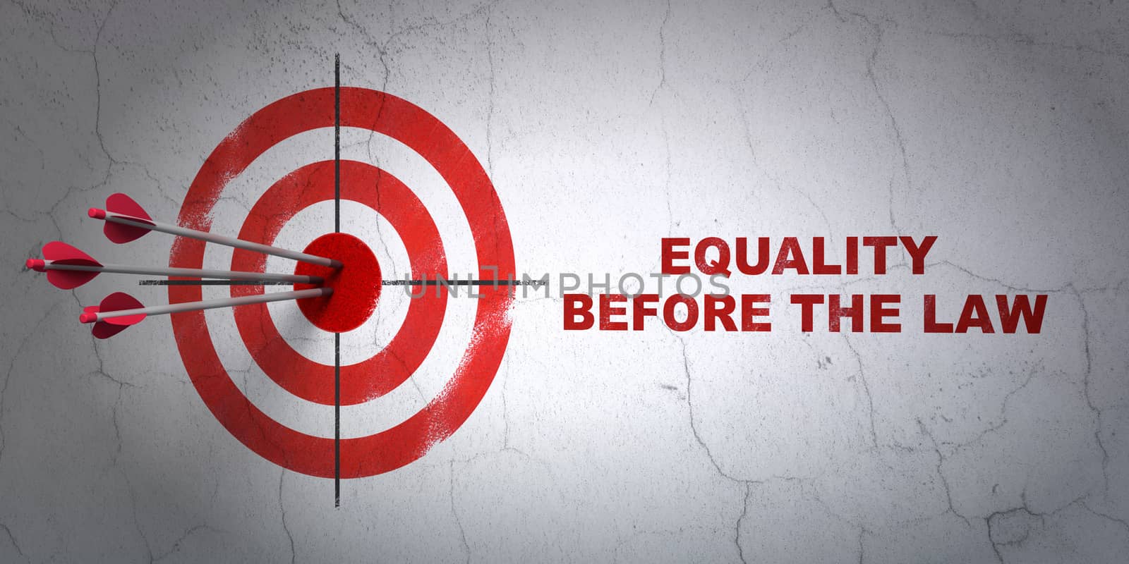 Success politics concept: arrows hitting the center of target, Red Equality Before The Law on wall background