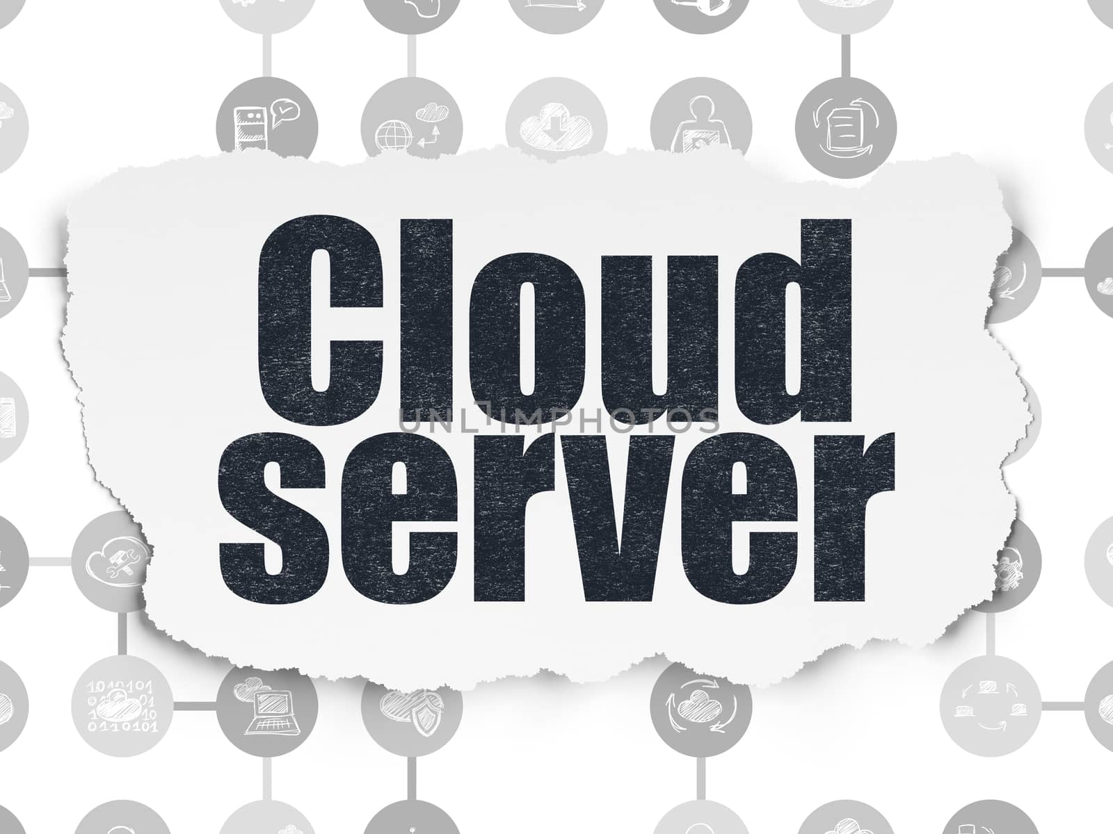 Cloud networking concept: Painted black text Cloud Server on Torn Paper background with Scheme Of Hand Drawn Cloud Technology Icons
