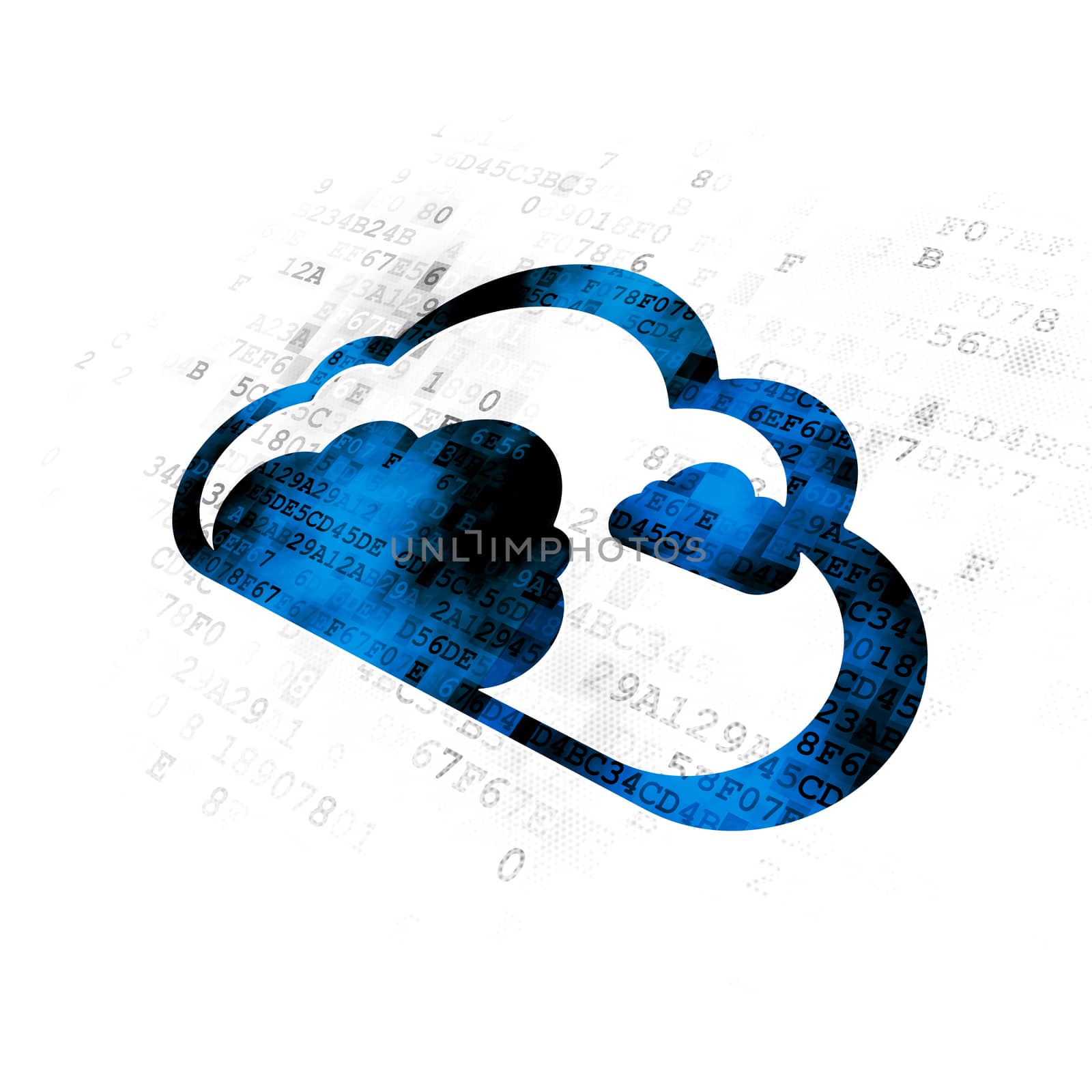 Cloud networking concept: Pixelated blue Cloud icon on Digital background
