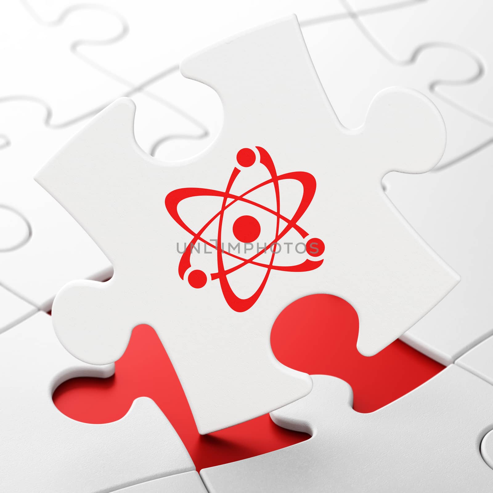 Science concept: Molecule on White puzzle pieces background, 3d render