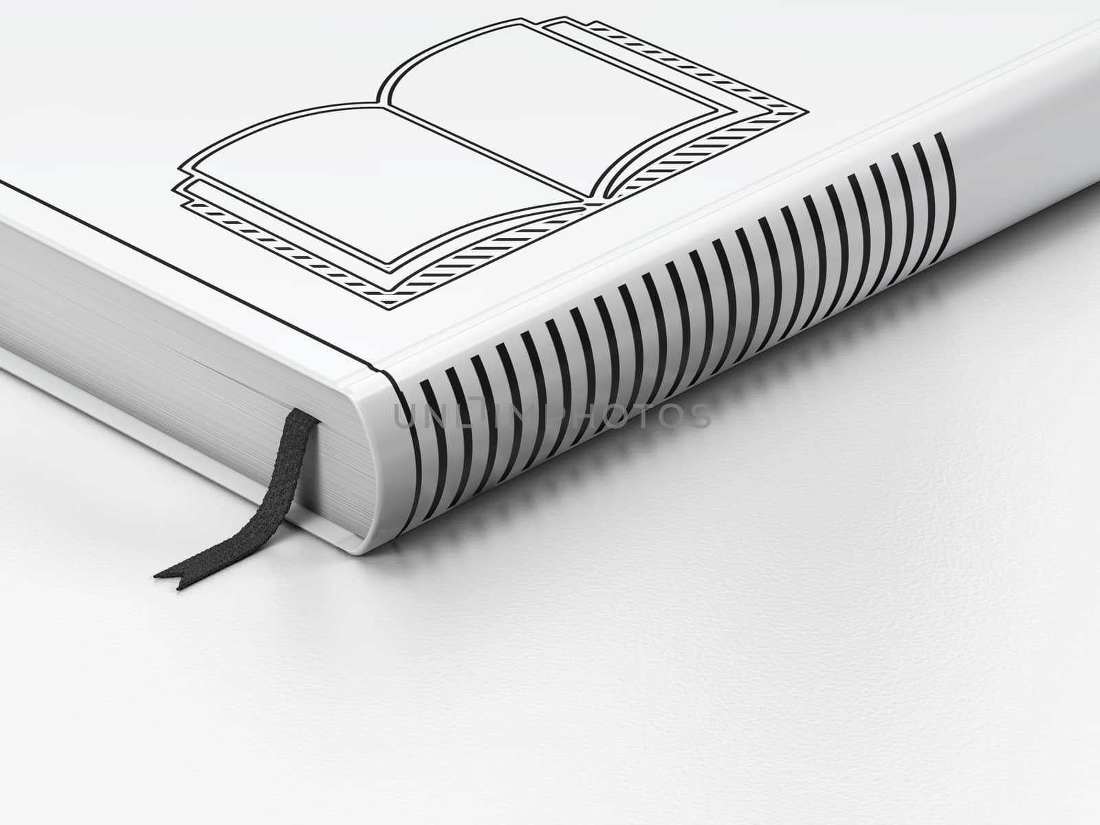 Science concept: closed book with Black Book icon on floor, white background, 3d render