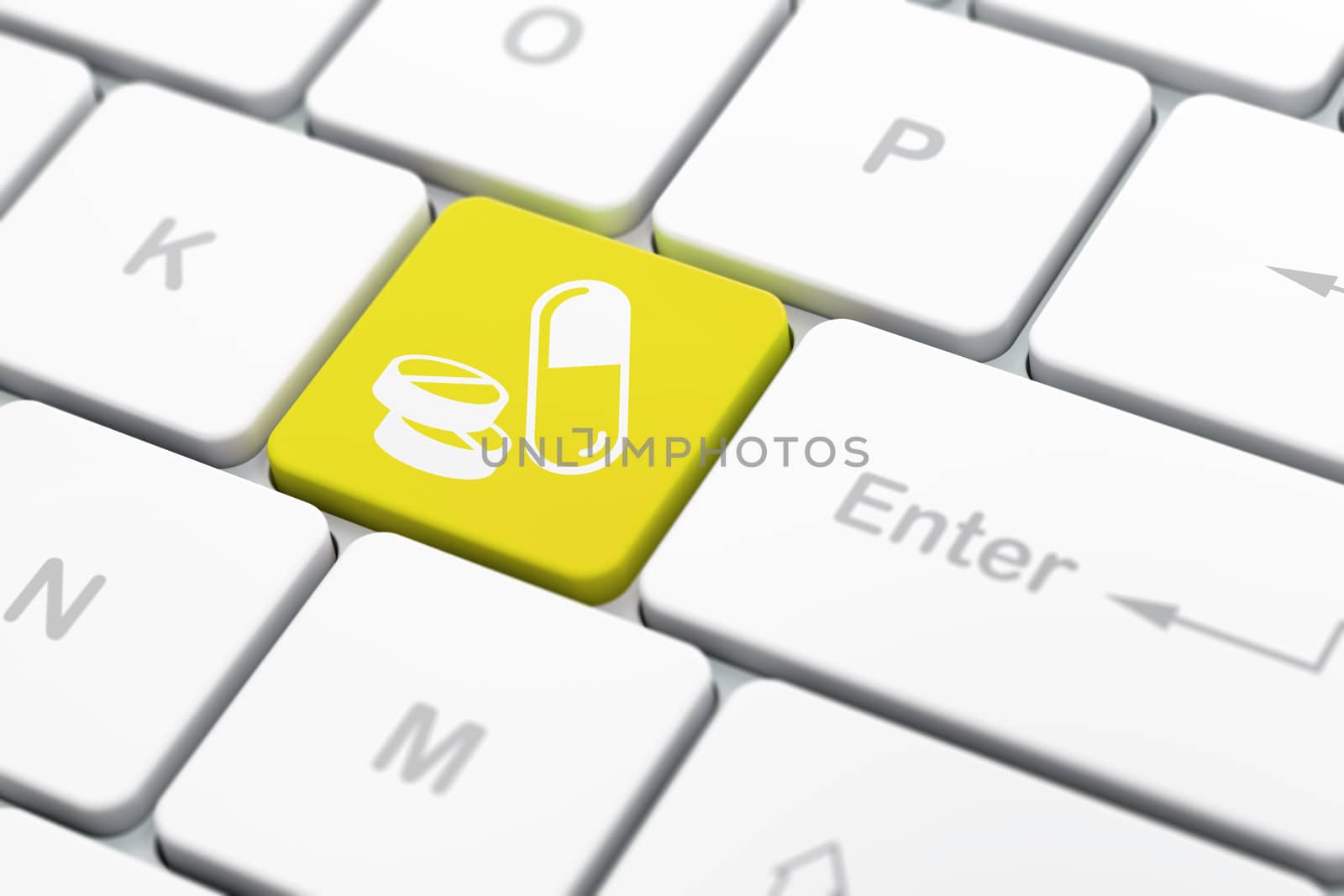 Healthcare concept: computer keyboard with Pills icon on enter button background, selected focus, 3d render