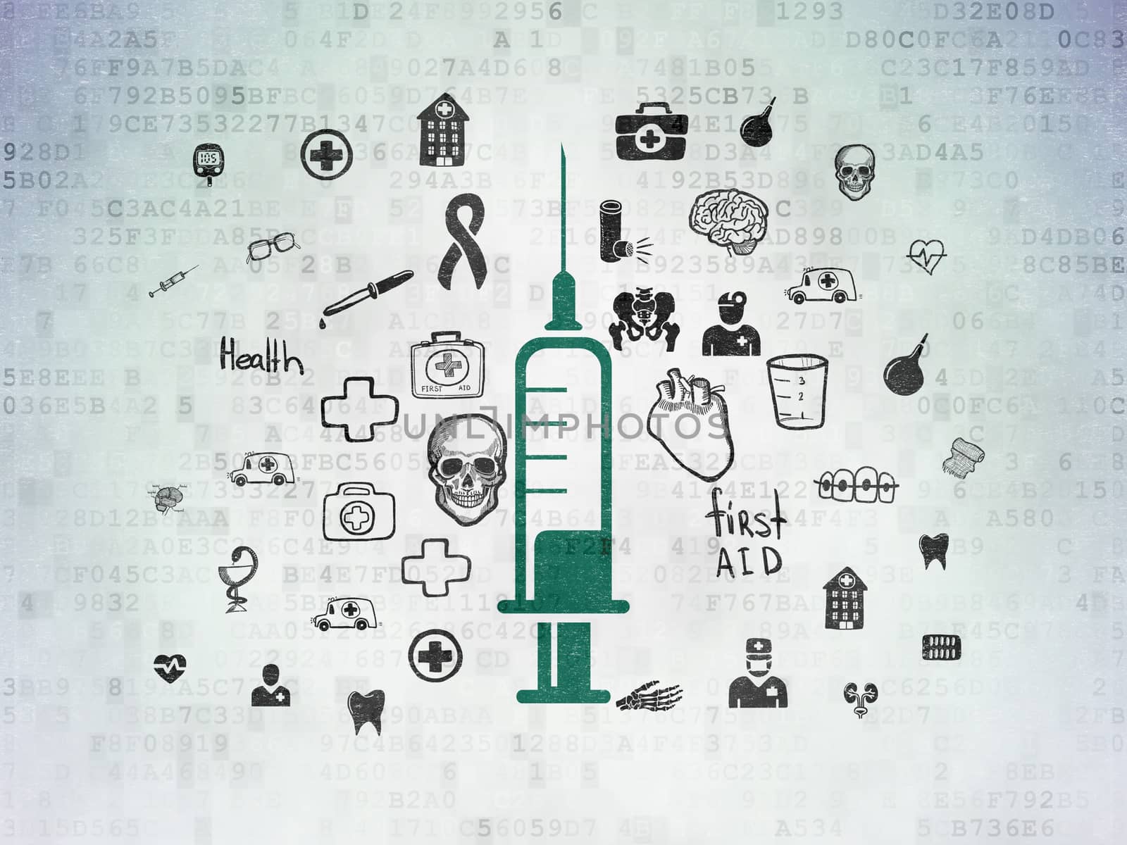 Healthcare concept: Painted green Syringe icon on Digital Paper background with  Hand Drawn Medicine Icons