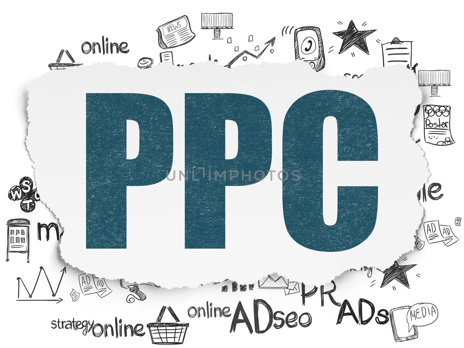 Marketing concept: Painted blue text PPC on Torn Paper background with  Hand Drawn Marketing Icons