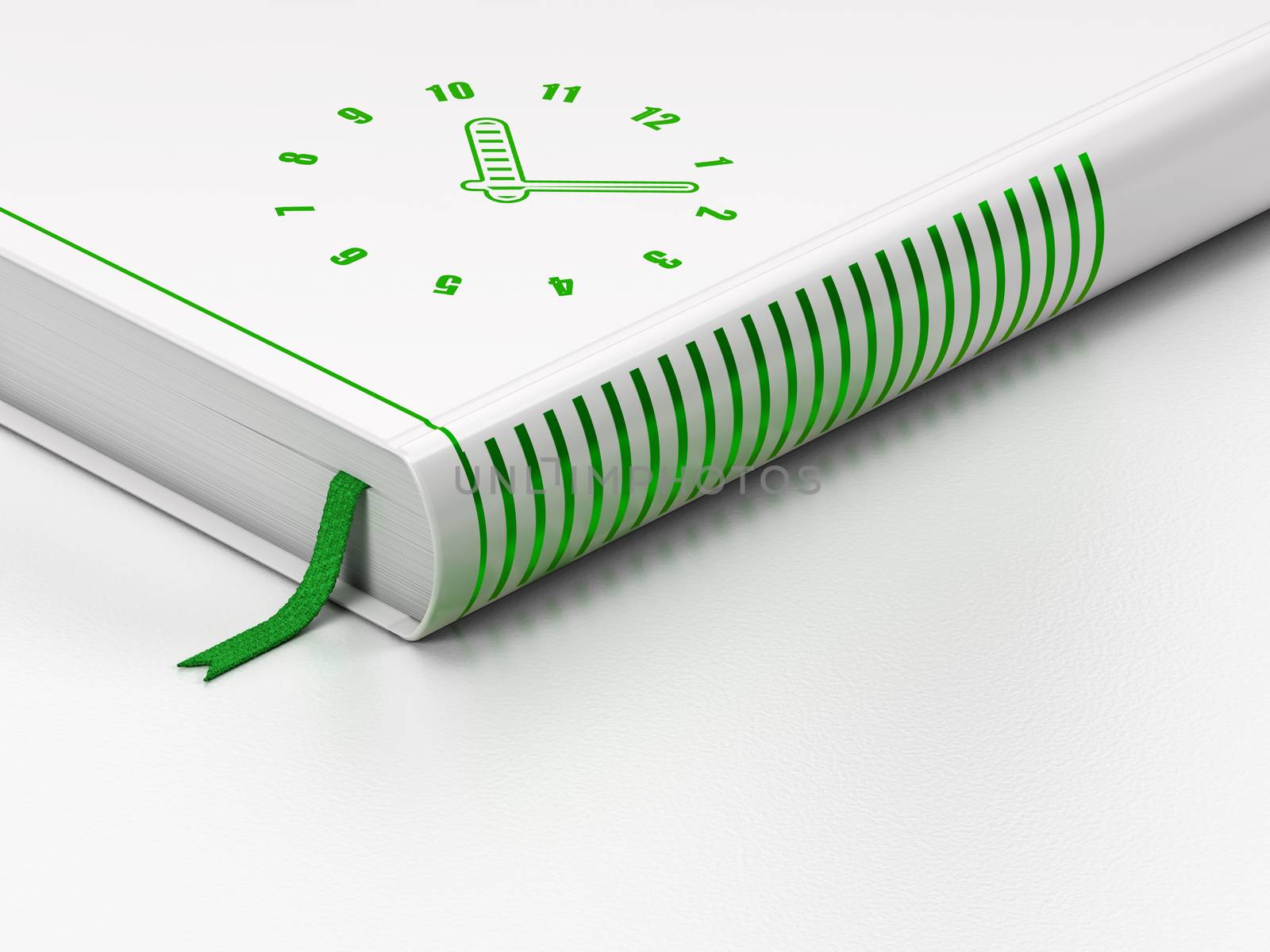 Timeline concept: closed book with Green Clock icon on floor, white background, 3d render