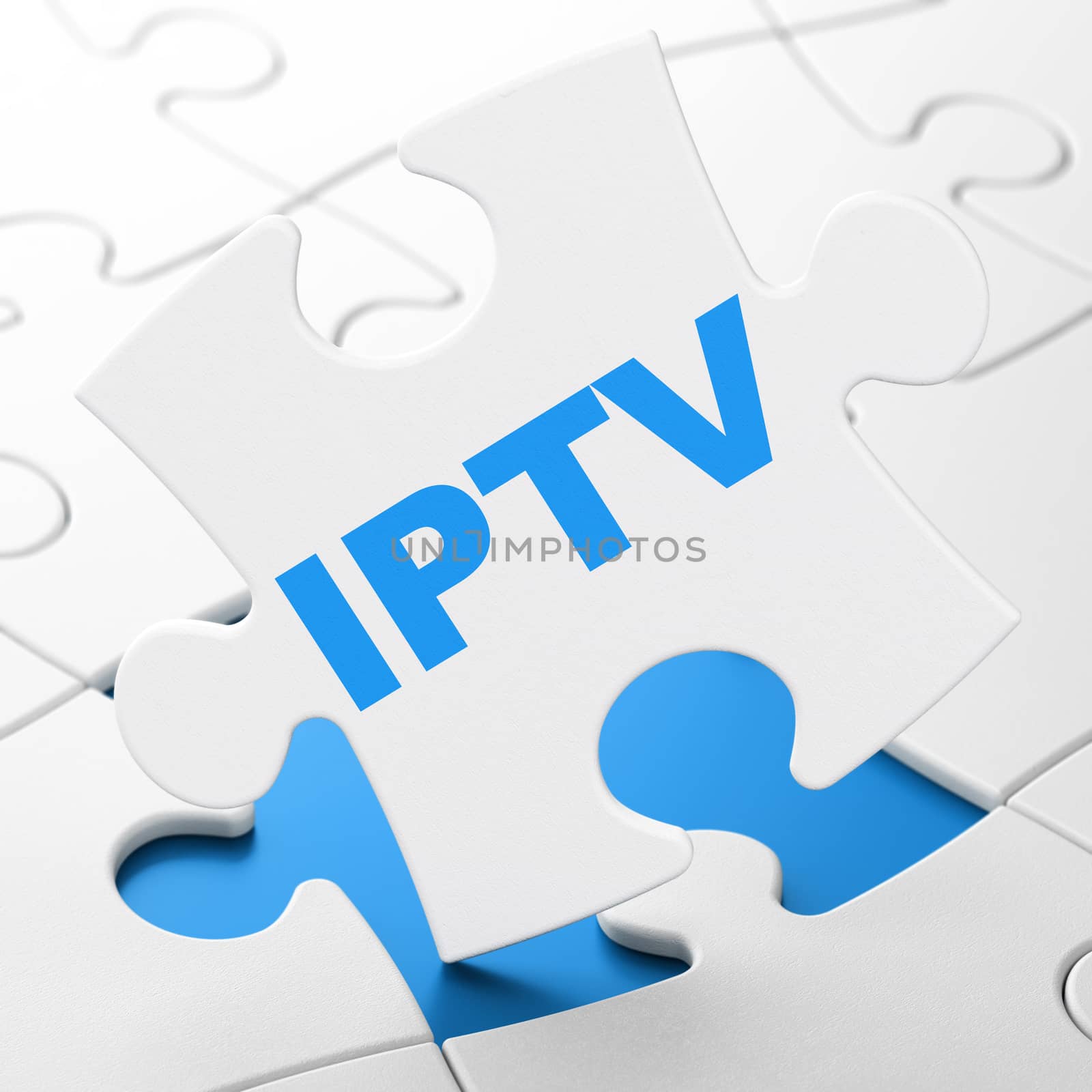 Web development concept: IPTV on White puzzle pieces background, 3d render