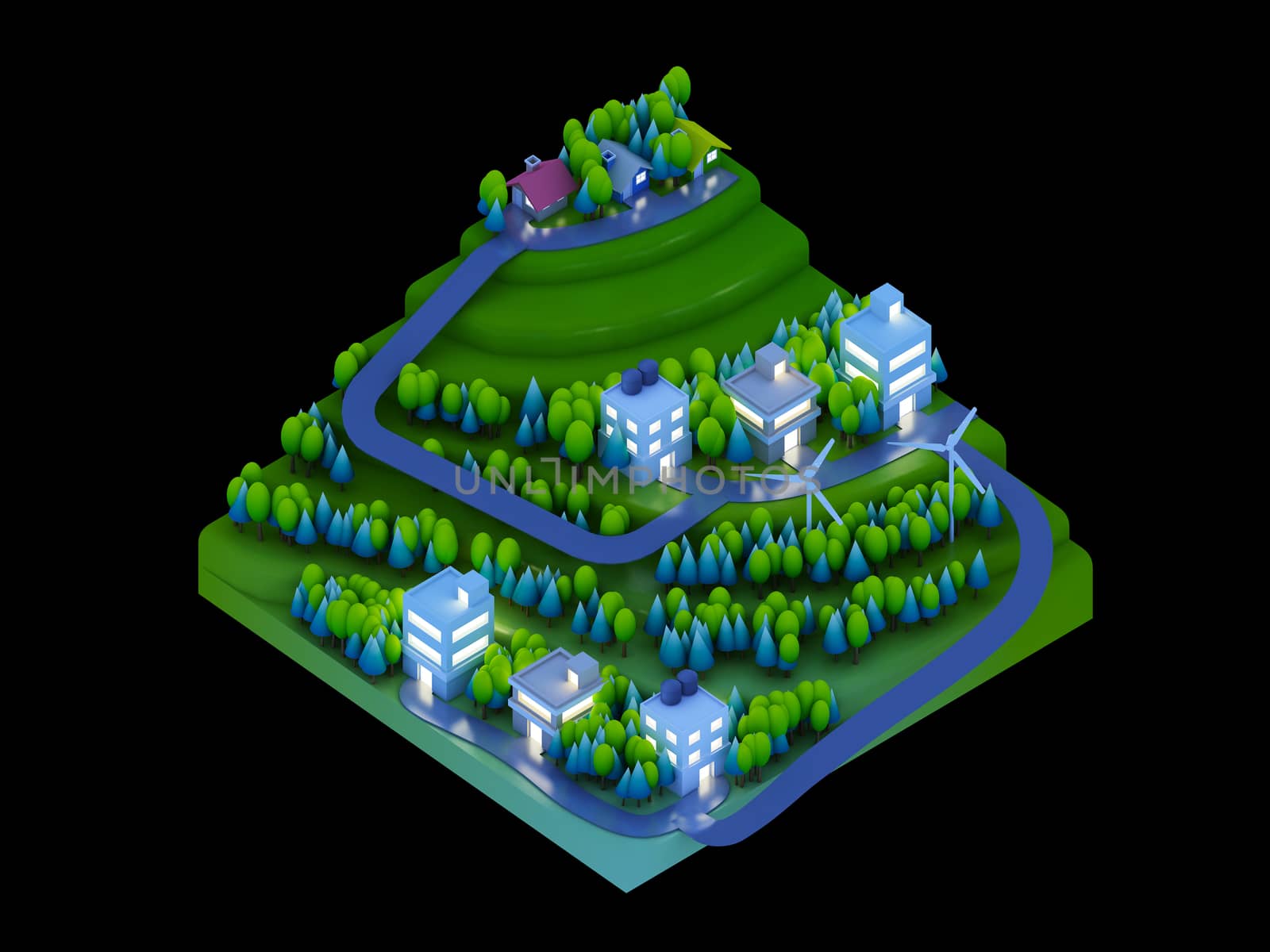  isometric city buildings, landscape, Road and river, night scen by teerawit